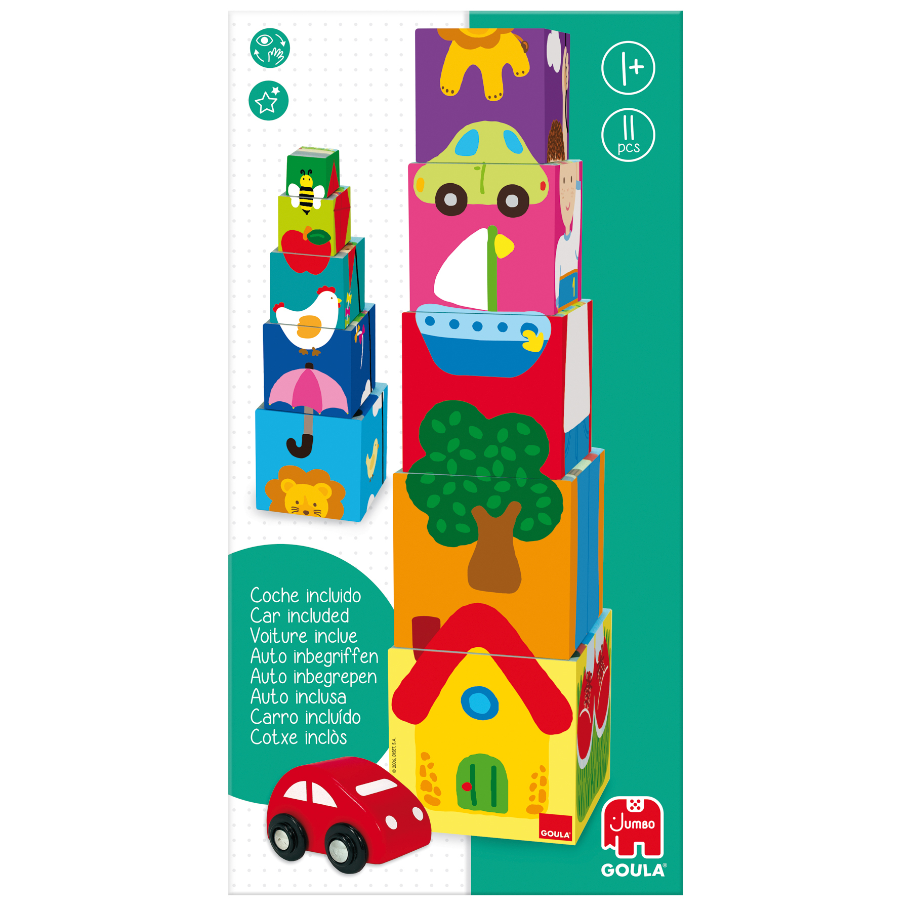 Stos klocków z obrazkami samochodu, domu, drzewa i zwierząt, z czerwoną zabawką samochodu.