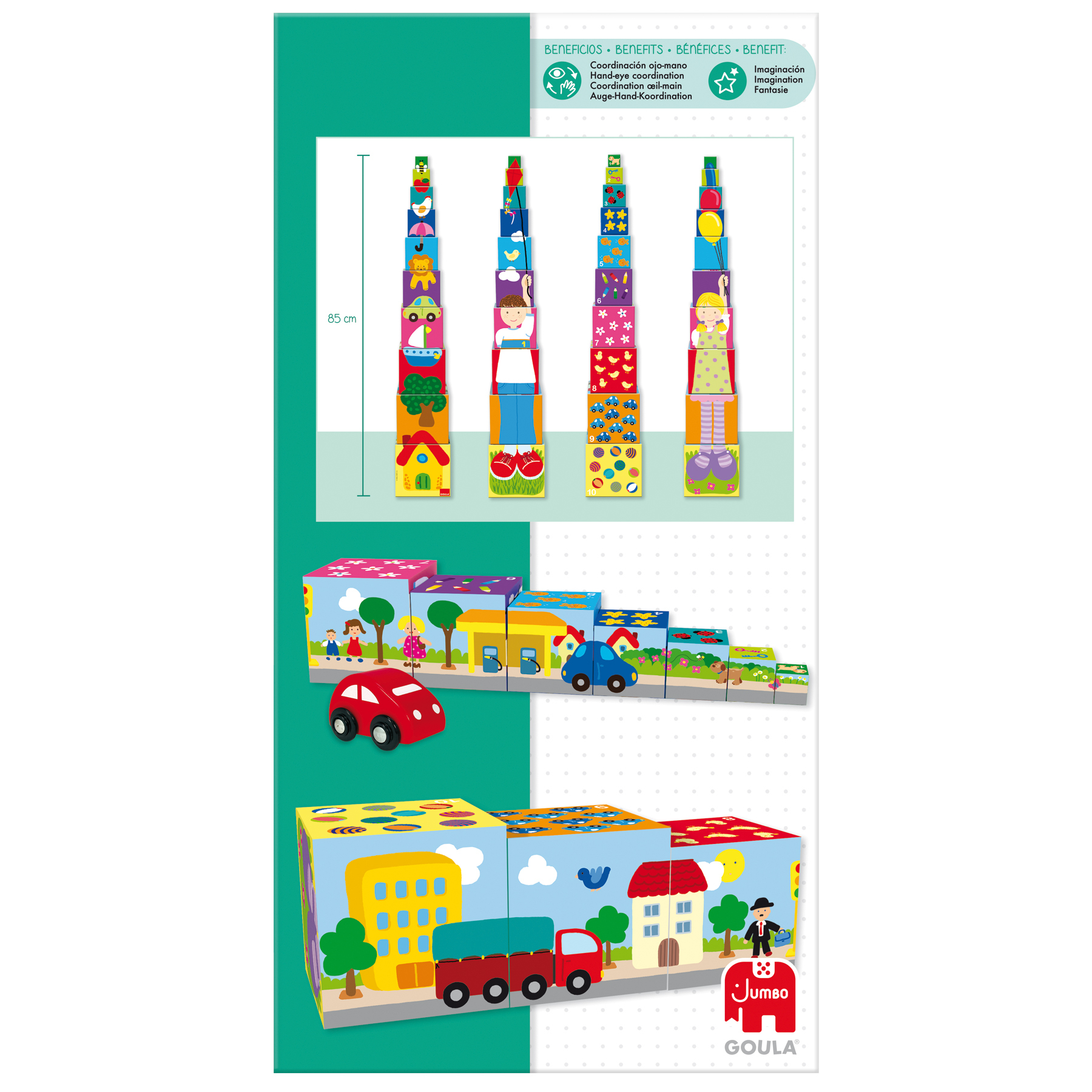 Zestaw zabawek z ułożonymi klockami, samochodami i pudełkiem z ilustracjami domów i drzew.