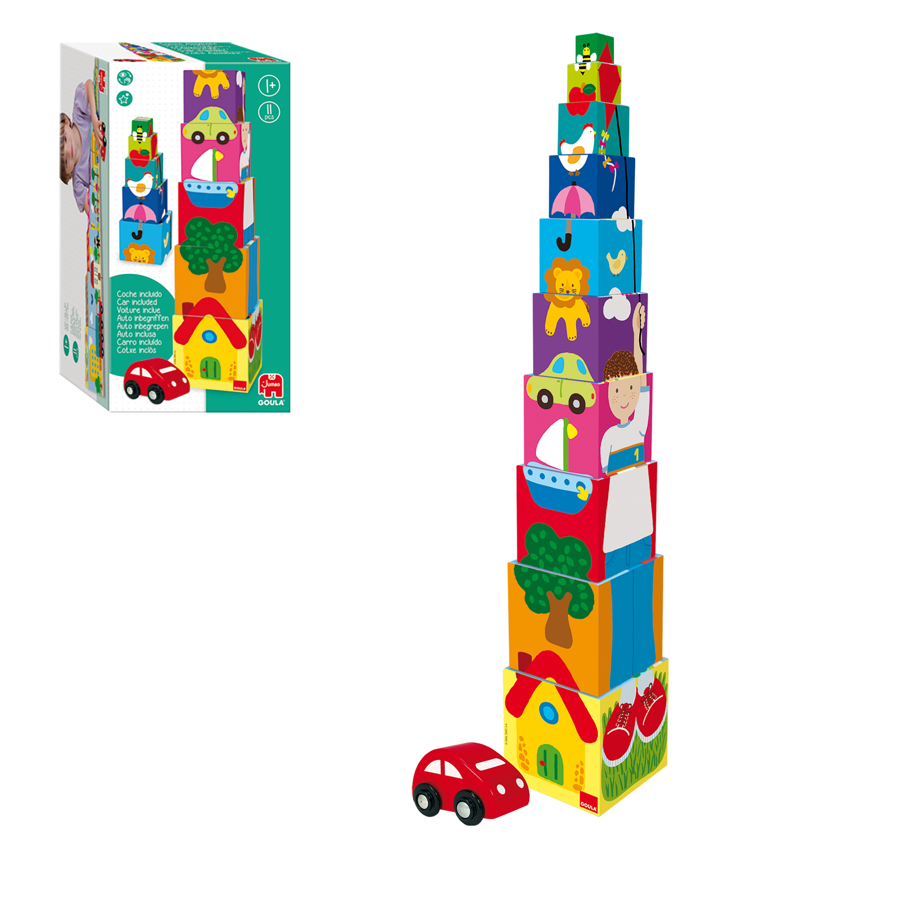 Stos klocków, z czerwonym samochodem zabawkowym z przodu. Klocki mają zwierzęta, drzewo, samochód i dom.