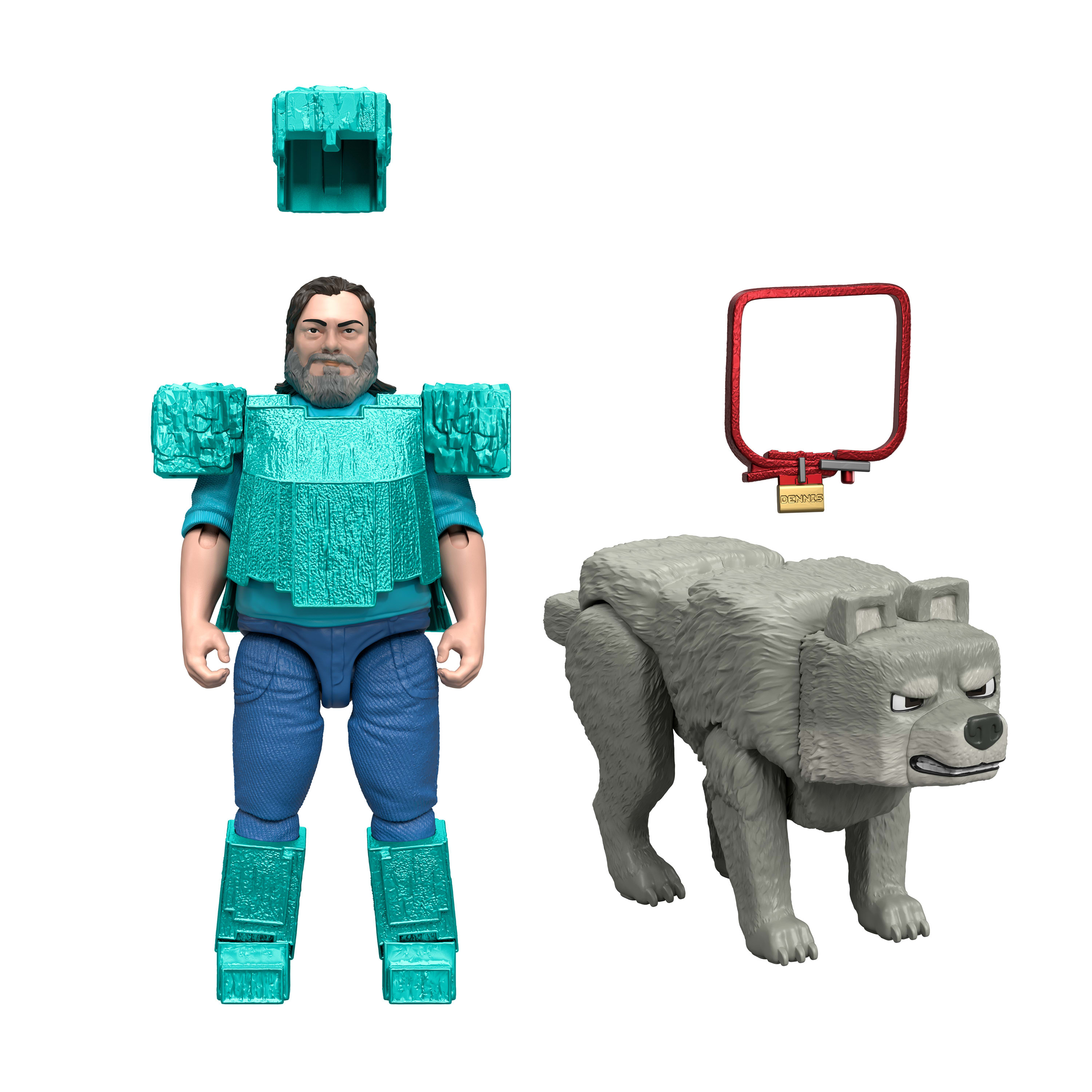 Mann und Hundefiguren, Mann ohne Helm, Hund mit rotem Halsband, auf Weiß.