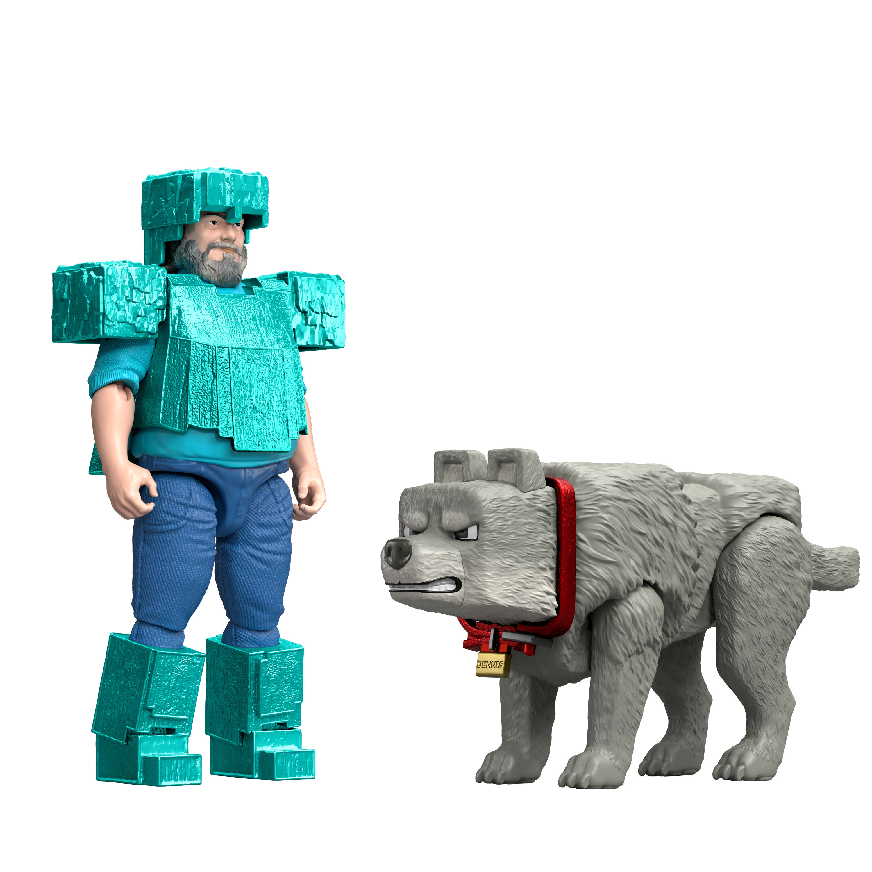 Mann und Hundefiguren, Mann in Rüstung, Hund mit rotem Halsband, auf weißem Hintergrund.