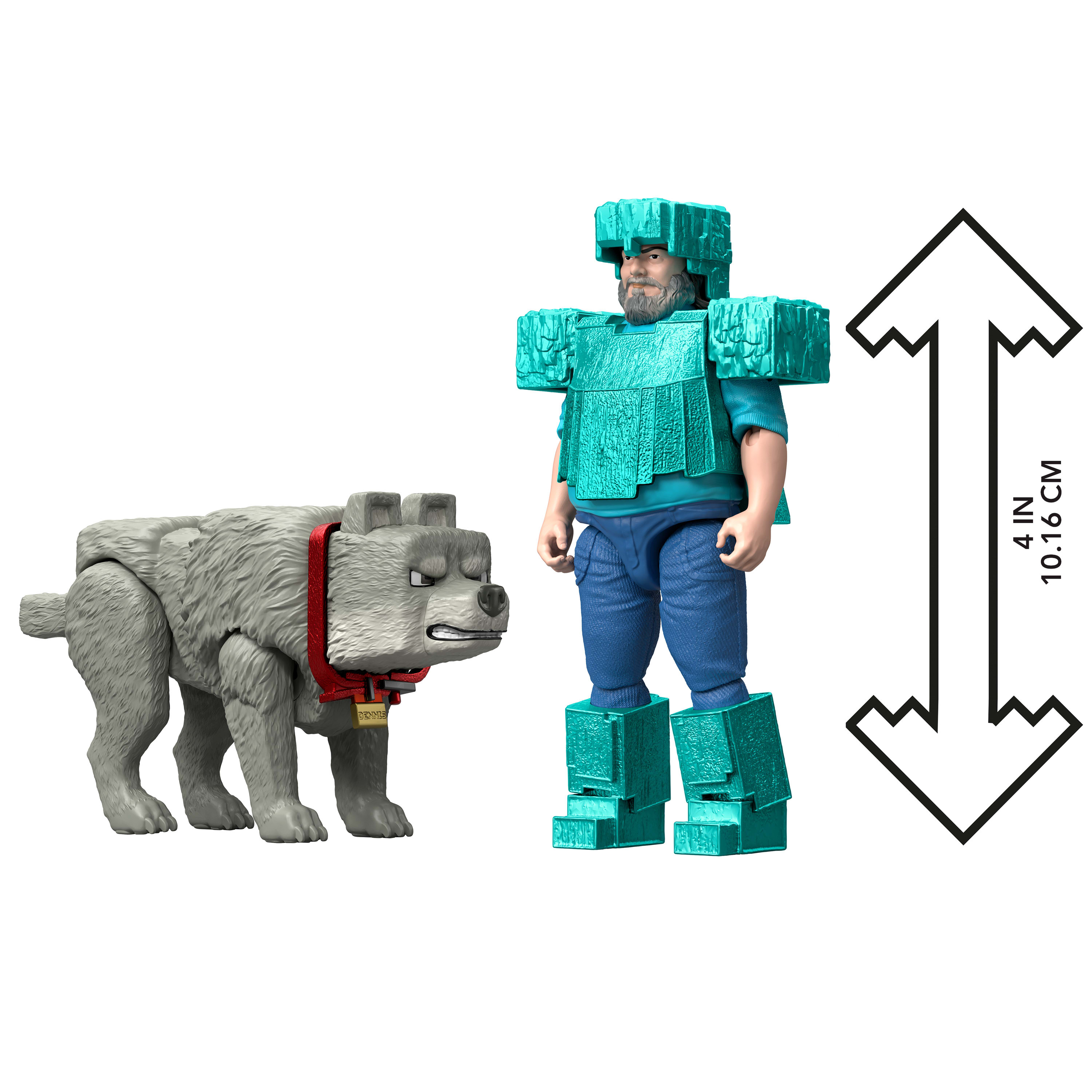 Eine Figur eines Mannes und eines Hundes, beide aus einem Videospiel, die nebeneinander stehen.