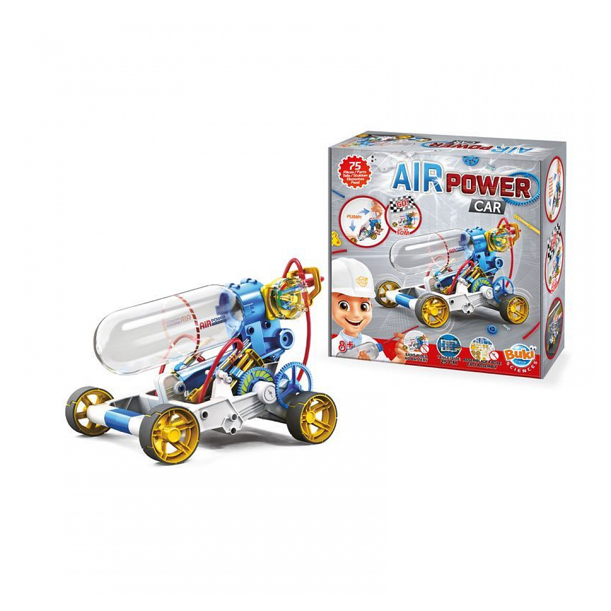 Zabawka samochodu na sprężone powietrze i pudełko z ilustracją kreskówkową na białym.