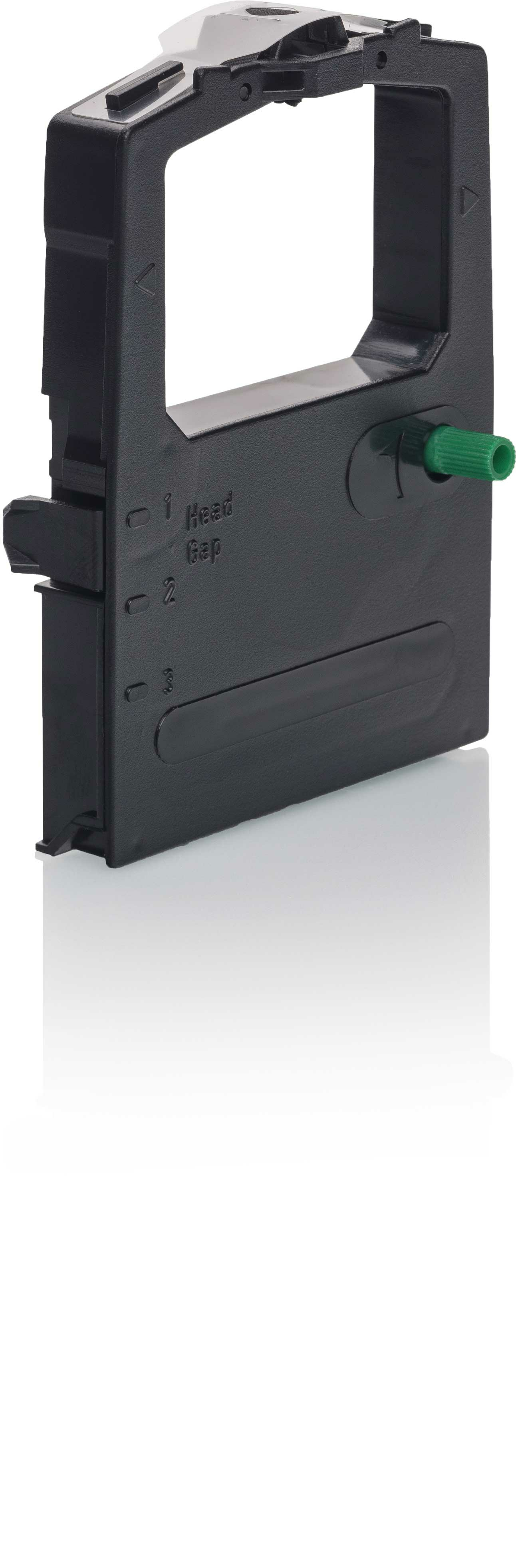 Schwarze Farbbandpatrone für einen Drucker mit grünem Drehknopf.