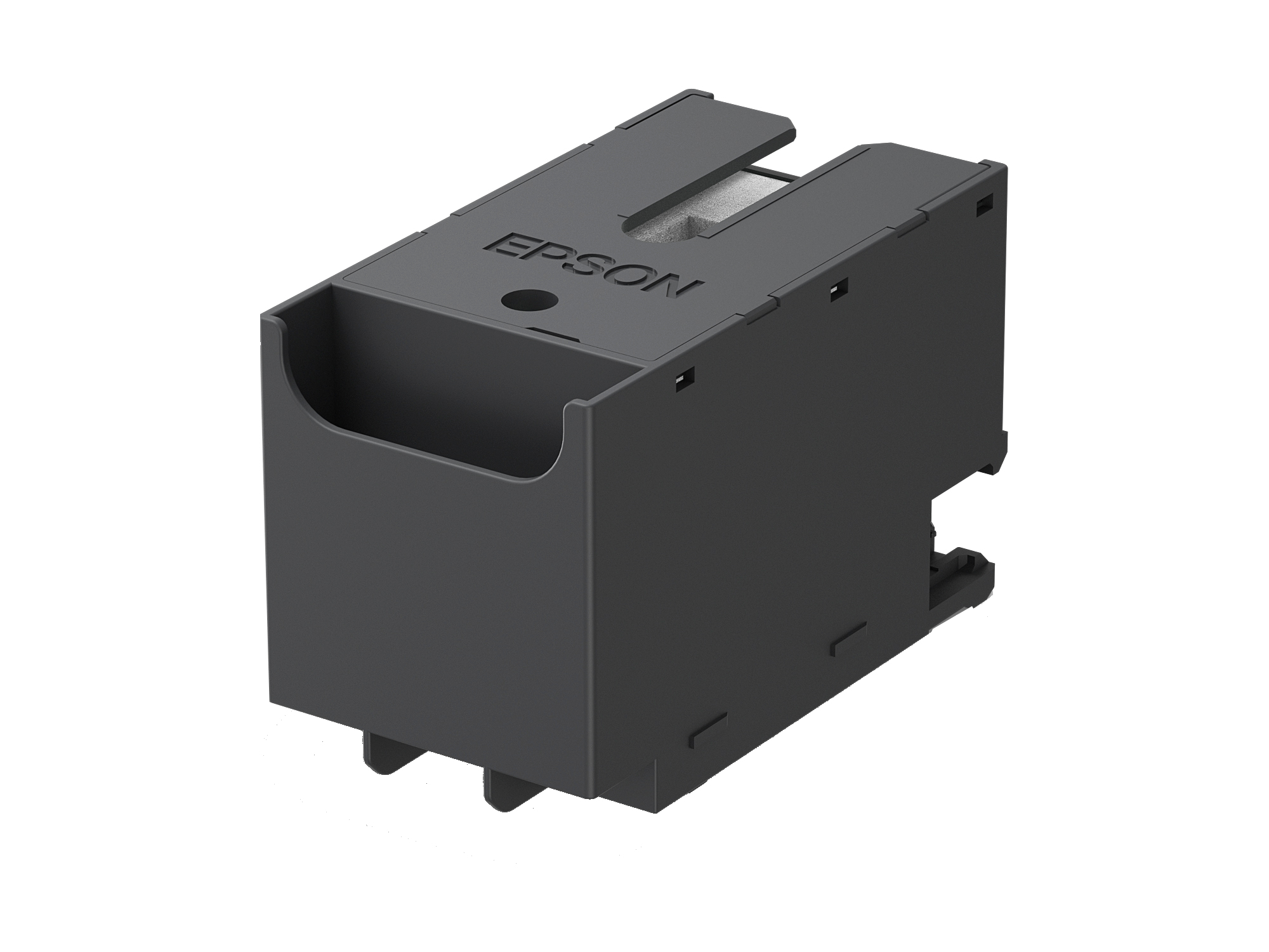 Supporto per cartucce d'inchiostro Epson in plastica nera, parte superiore aperta con logo Epson.