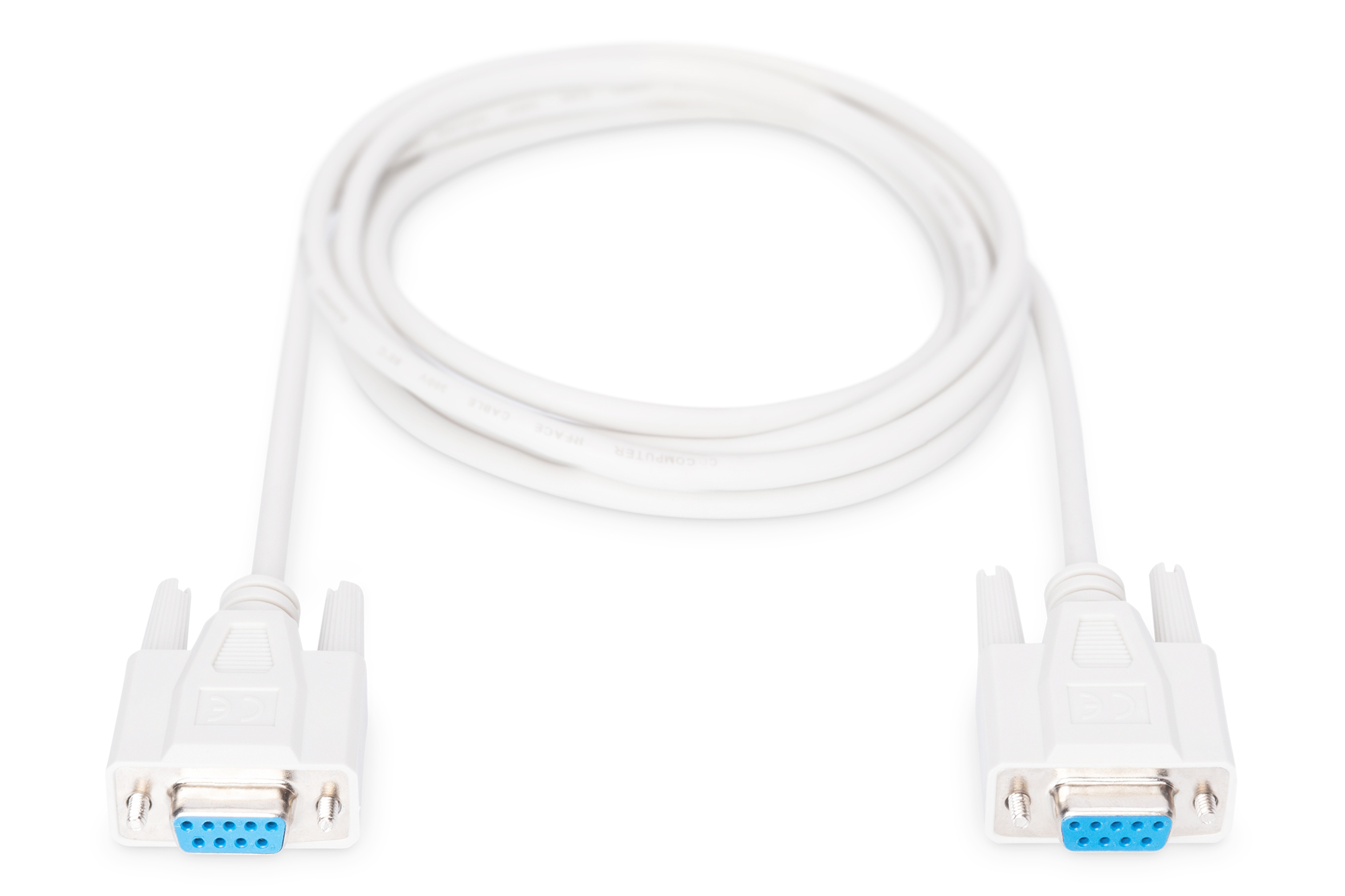 Cavo bianco con due connettori blu a ciascuna estremità. I connettori hanno più pin e sono bianchi.