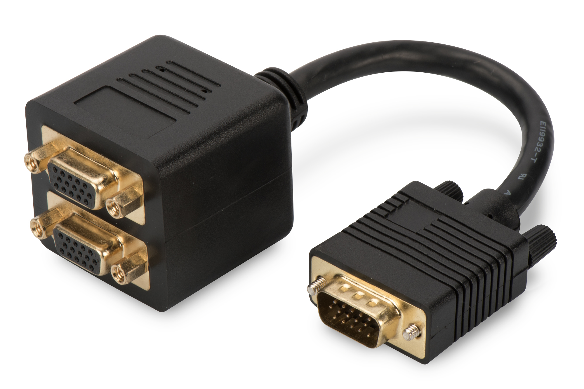 Cavo splitter VGA nero con due connettori femmina e uno maschio.
