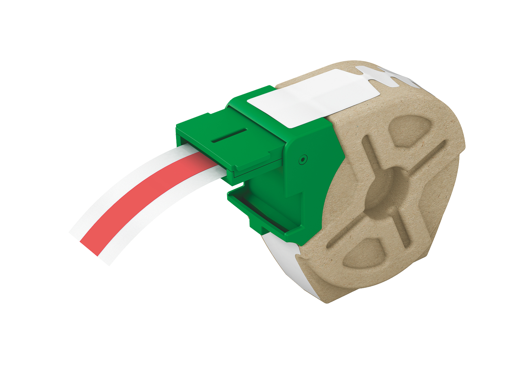 Zielona i brązowa etykieciarka z czerwoną i białą taśmą etykietową.