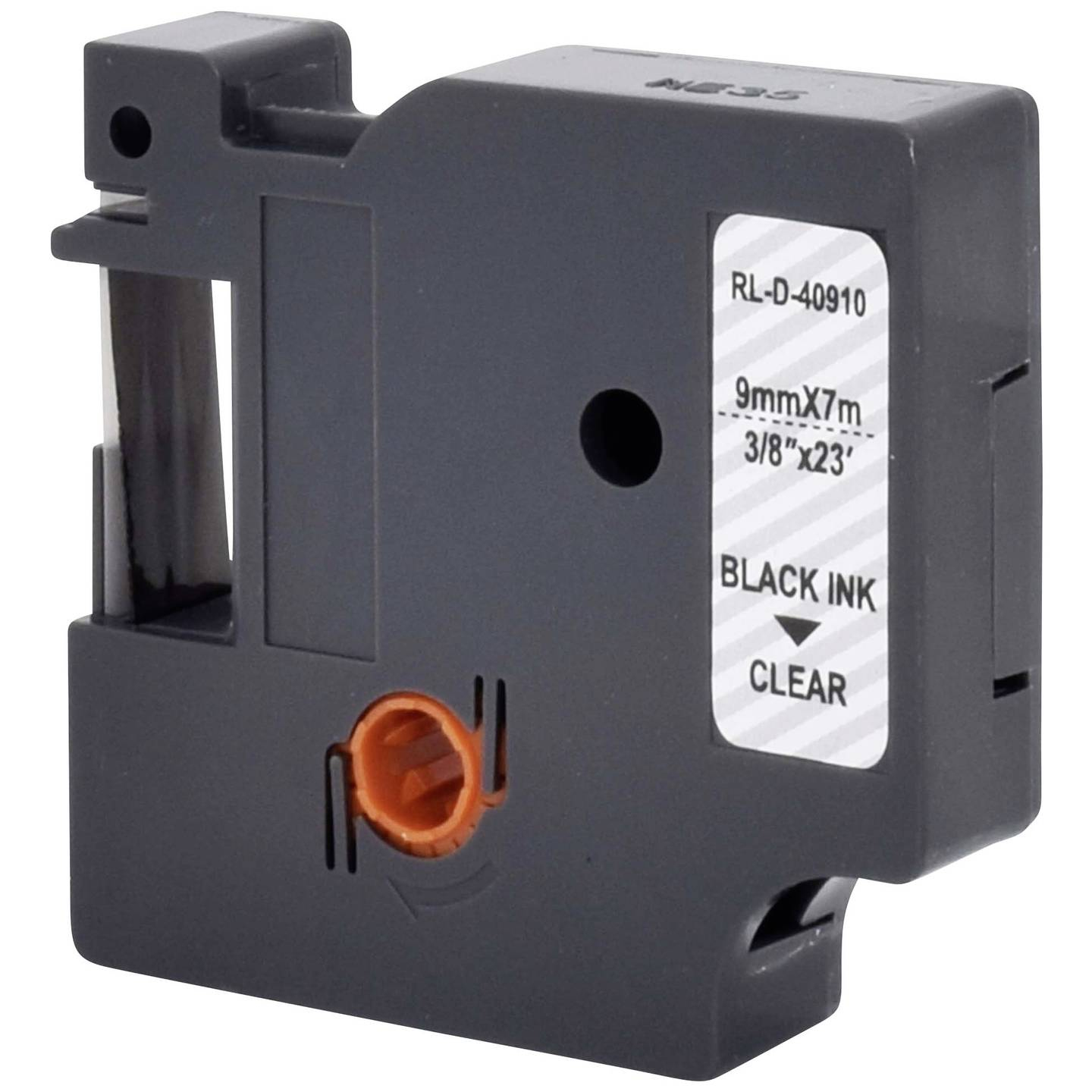 Una cartuccia di nastro per etichette nera con un'etichetta bianca con scritto 'BLACK INK CLEAR'.