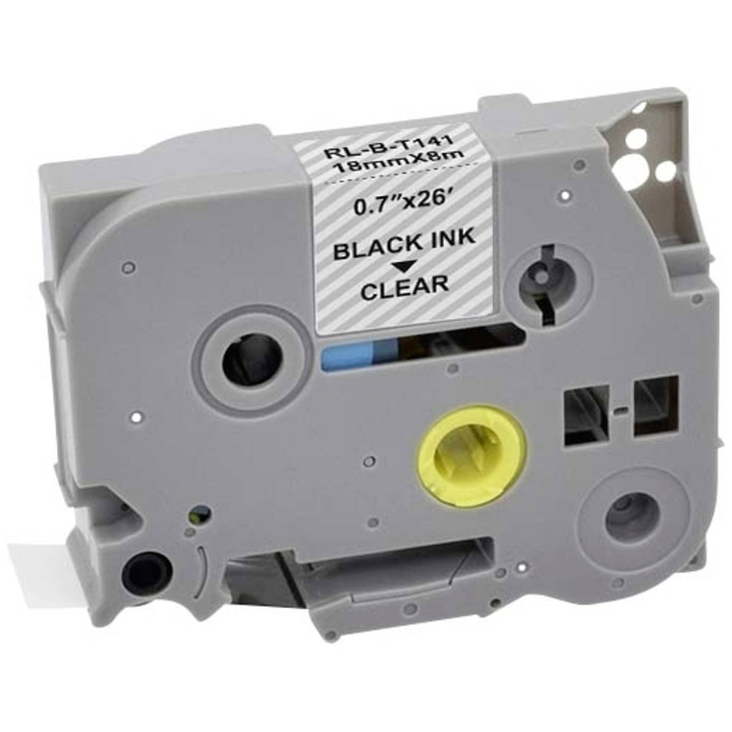 Cartuccia di nastro per etichette grigia con etichetta bianca che dice 'BLACK INK CLEAR'.