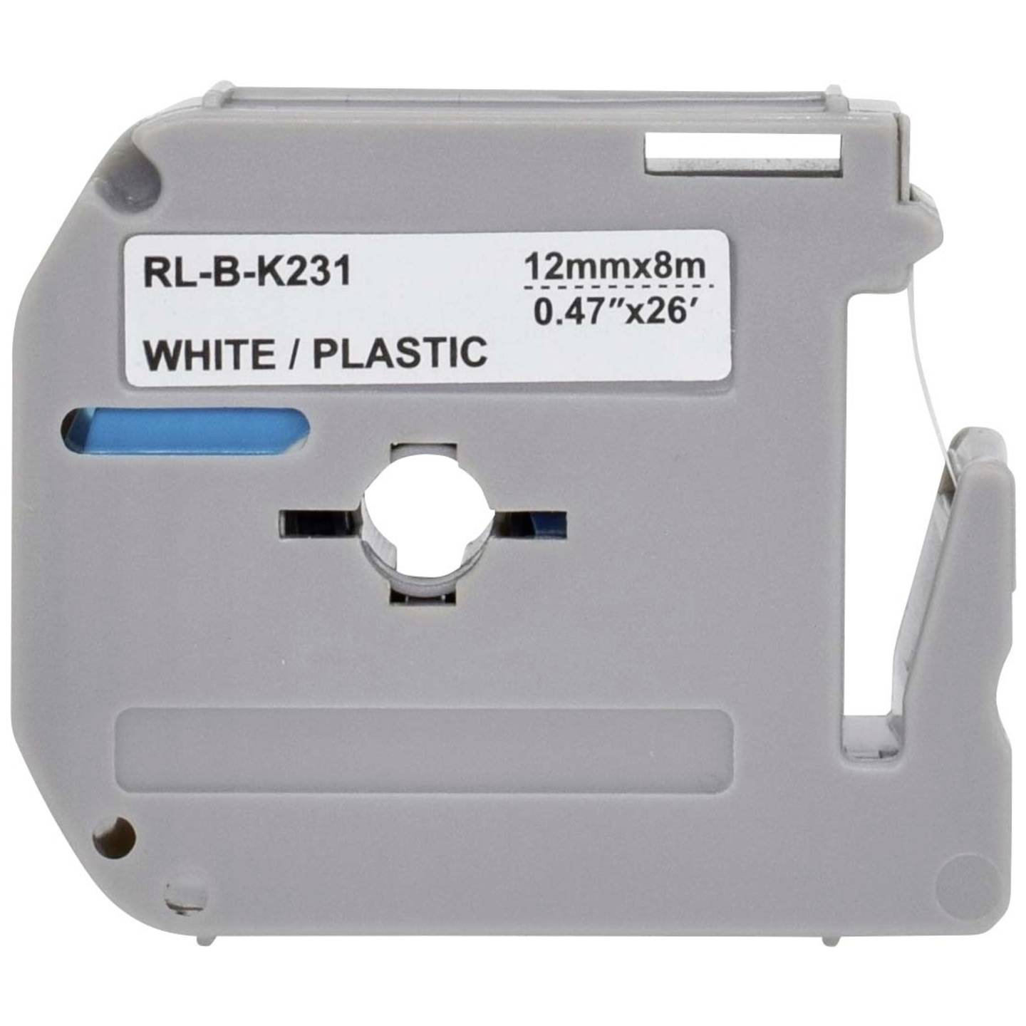 Cartuccia nastro etichetta grigia con etichetta bianca. Il testo recita 'BIANCO / PLASTICA' e '12mmx8m 0.47"x26'.