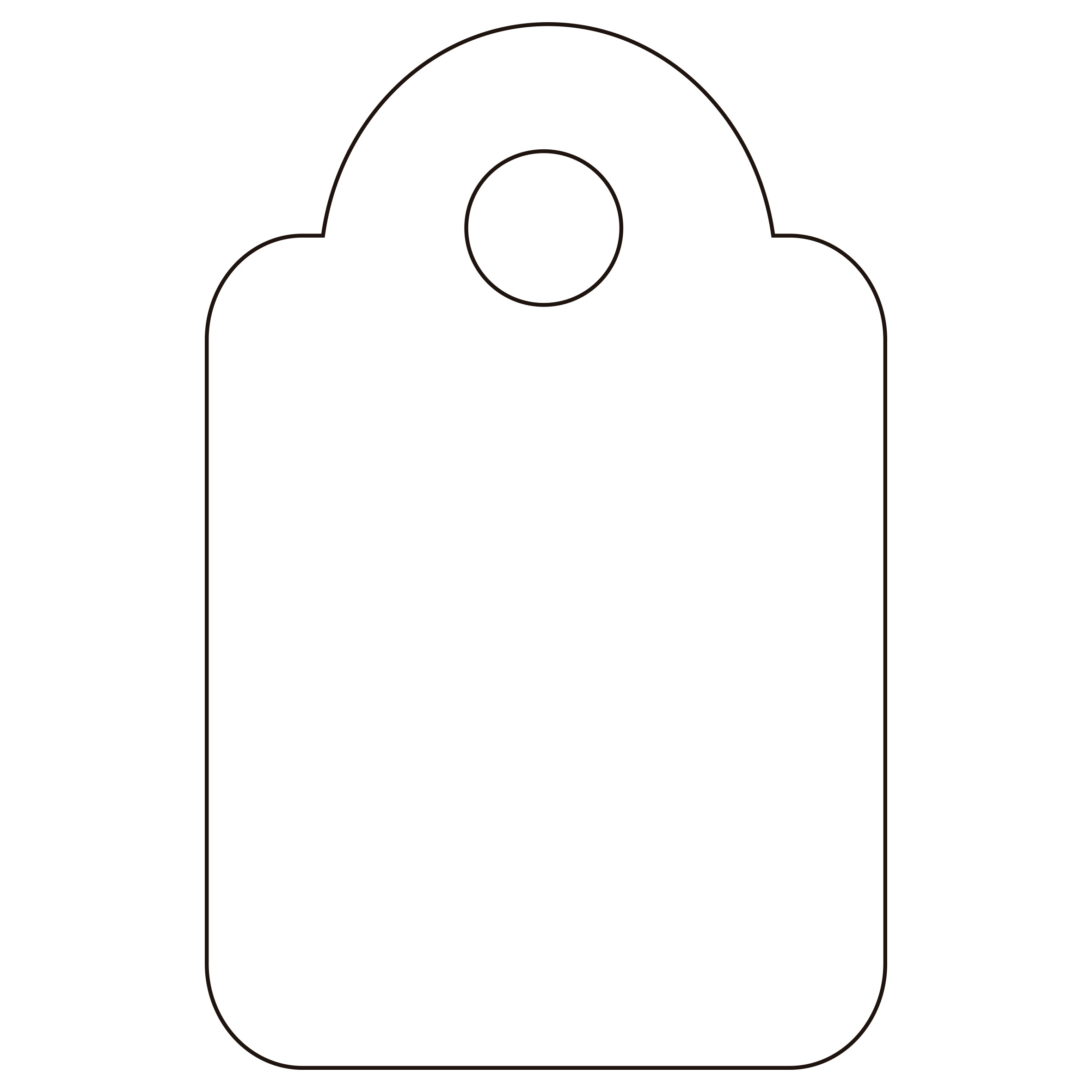 Pusta biała etykieta z zaokrągloną górą i otworem. Kształt prostokątny.