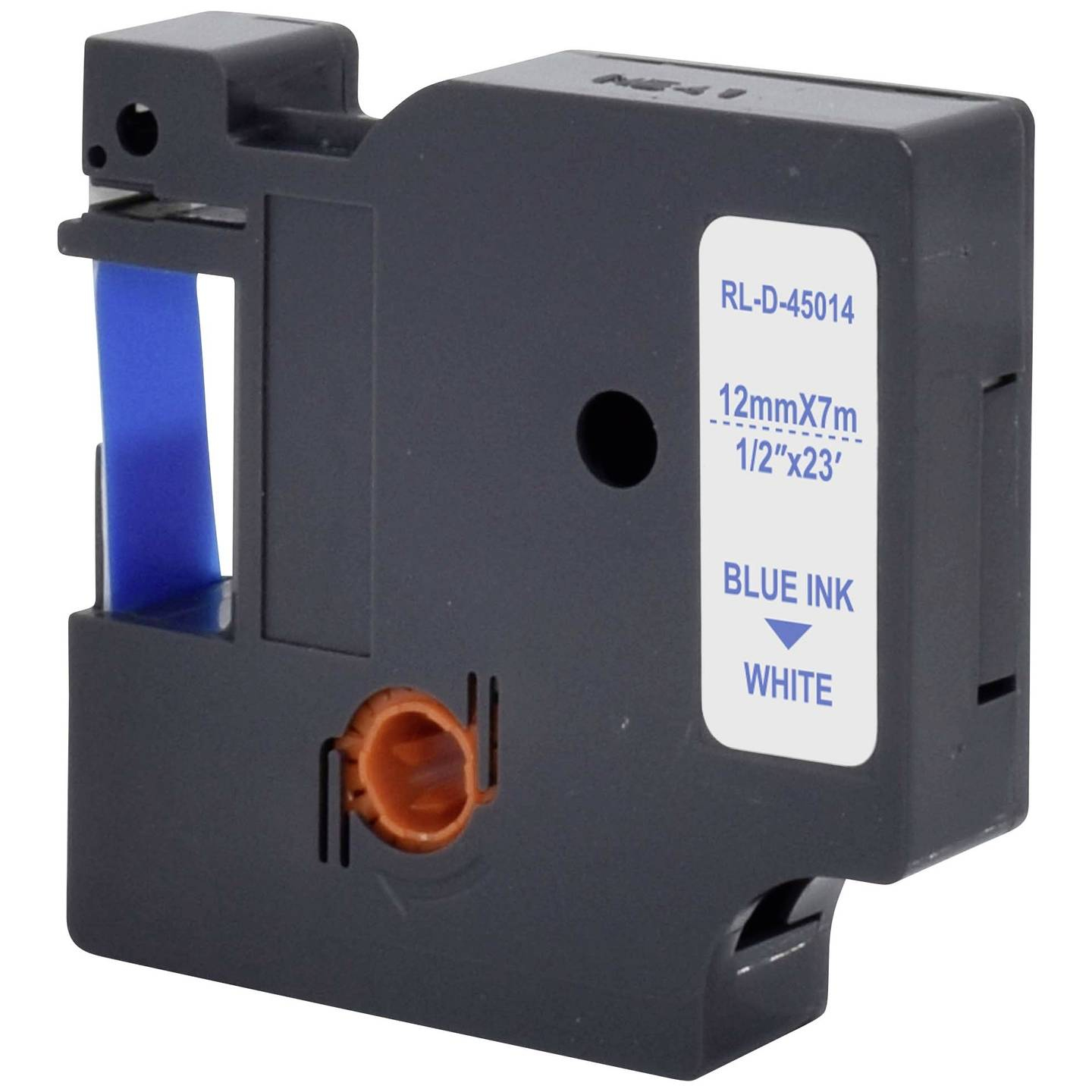 Cartuccia per etichettatrice nera con etichetta blu che dice 'BLUE INK WHITE'.