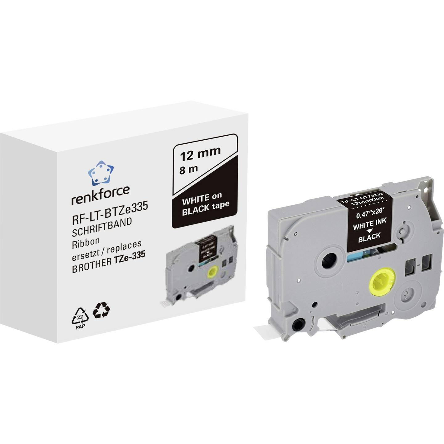 Wkłady do etykieciarki, białe pudełko, czarna taśma z białym tekstem, na białym tle.