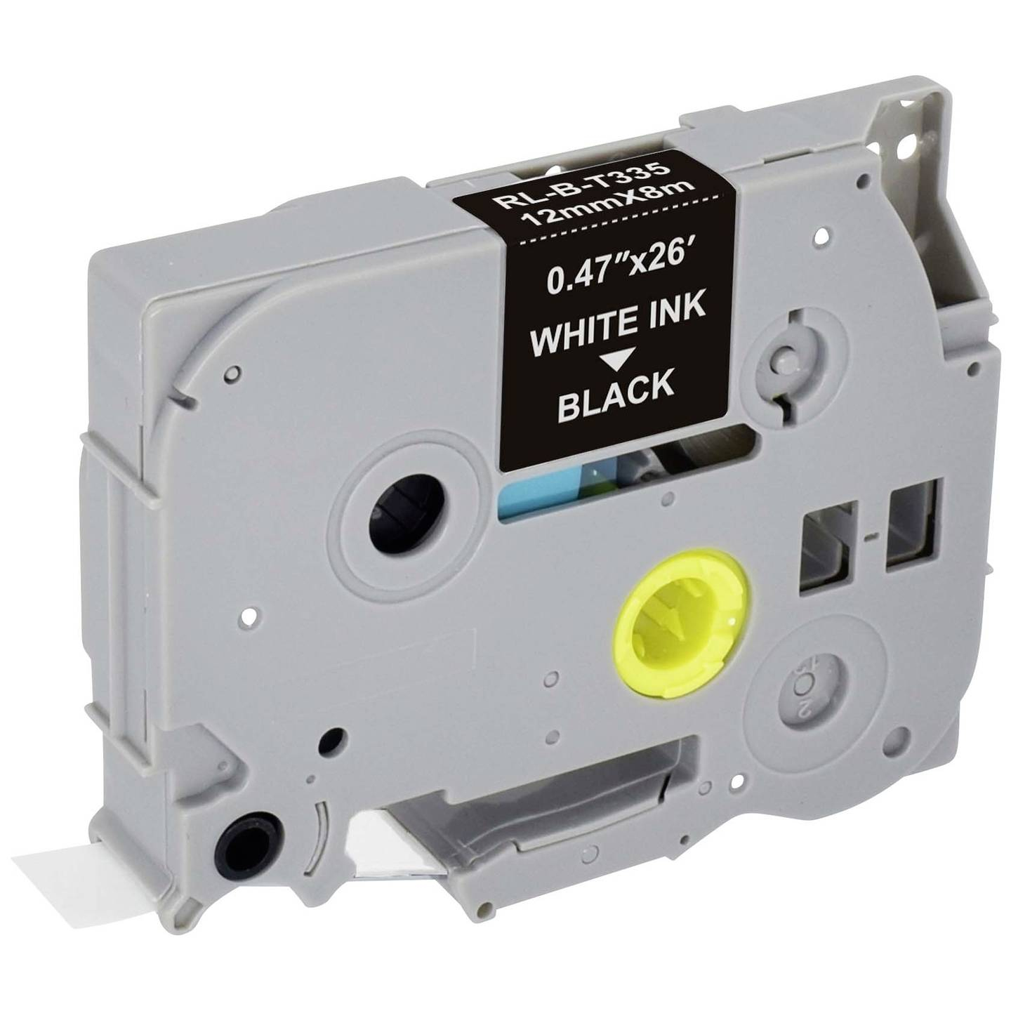 Wkład z taśmą do etykieciarki z białym tuszem na czarnej taśmie.