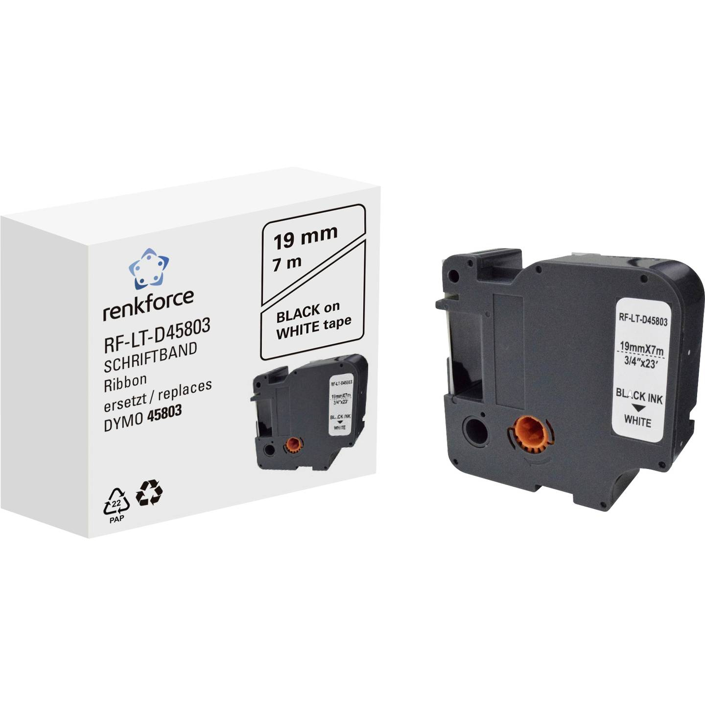 Pudełko i taśma do etykieciarki, biały tekst na czarnej taśmie.