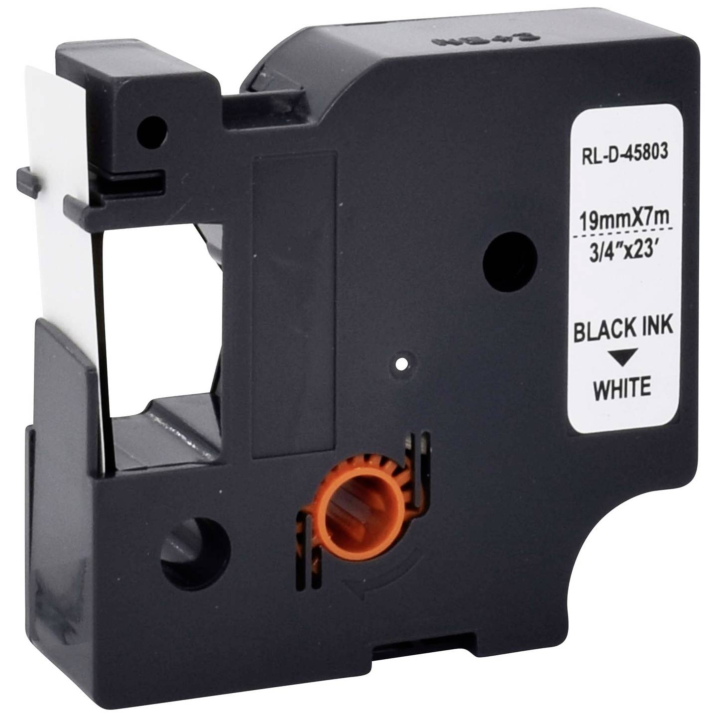 Czarny wkład z taśmą do etykieciarki z czarnym tuszem i białym tekstem.