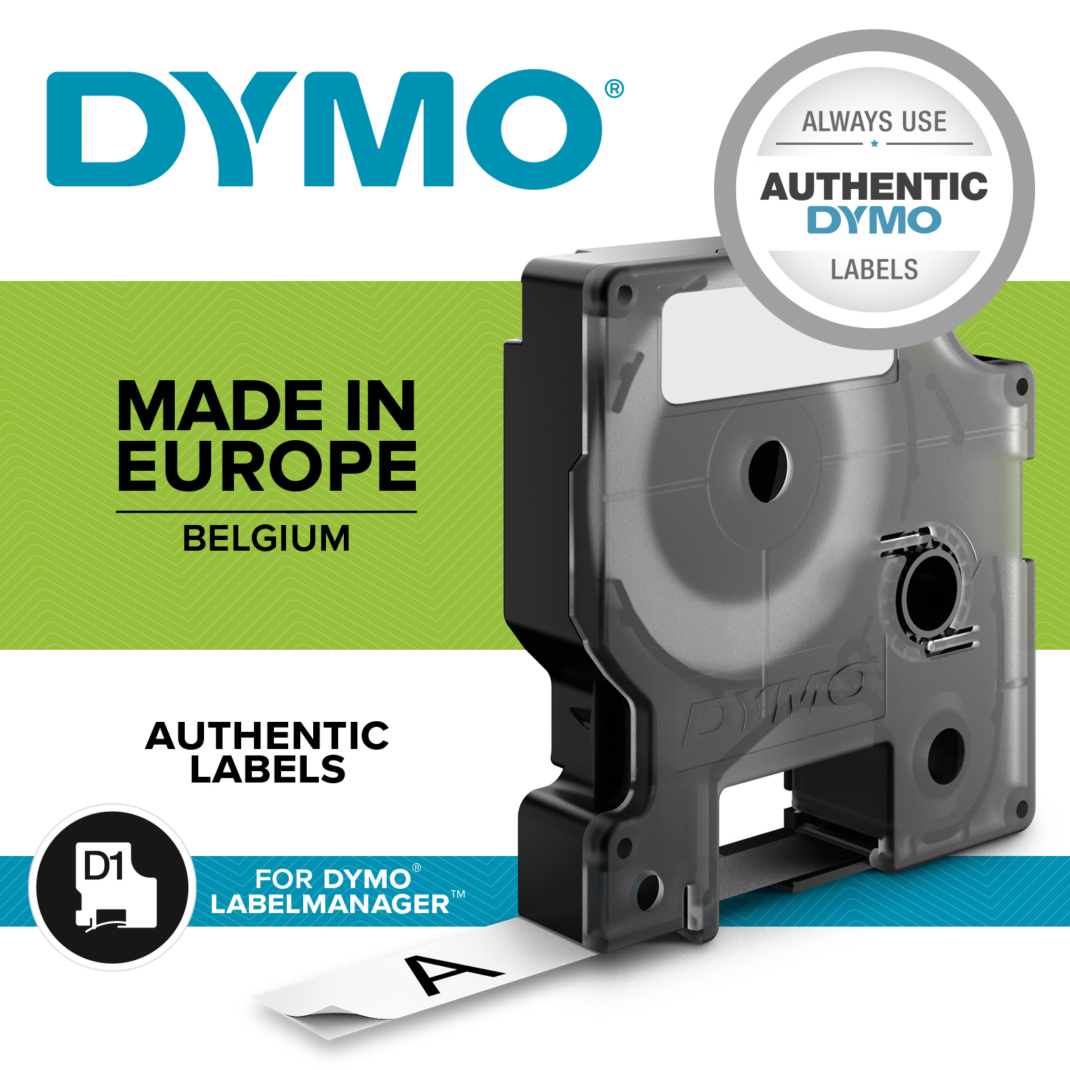 Dymo Etikettendruckerband mit Text, Logo und weißem Hintergrund.