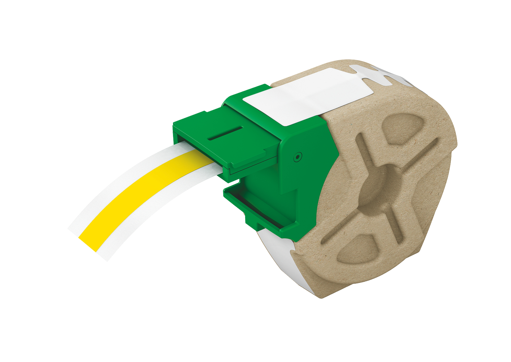Dozownik taśmy. Zielony i beżowy dozownik z żółtą taśmą.