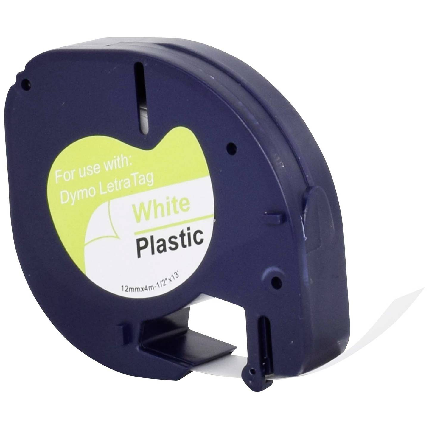 Un'etichettatrice blu e bianca. L'etichetta è in plastica bianca. Il dispositivo è blu navy.