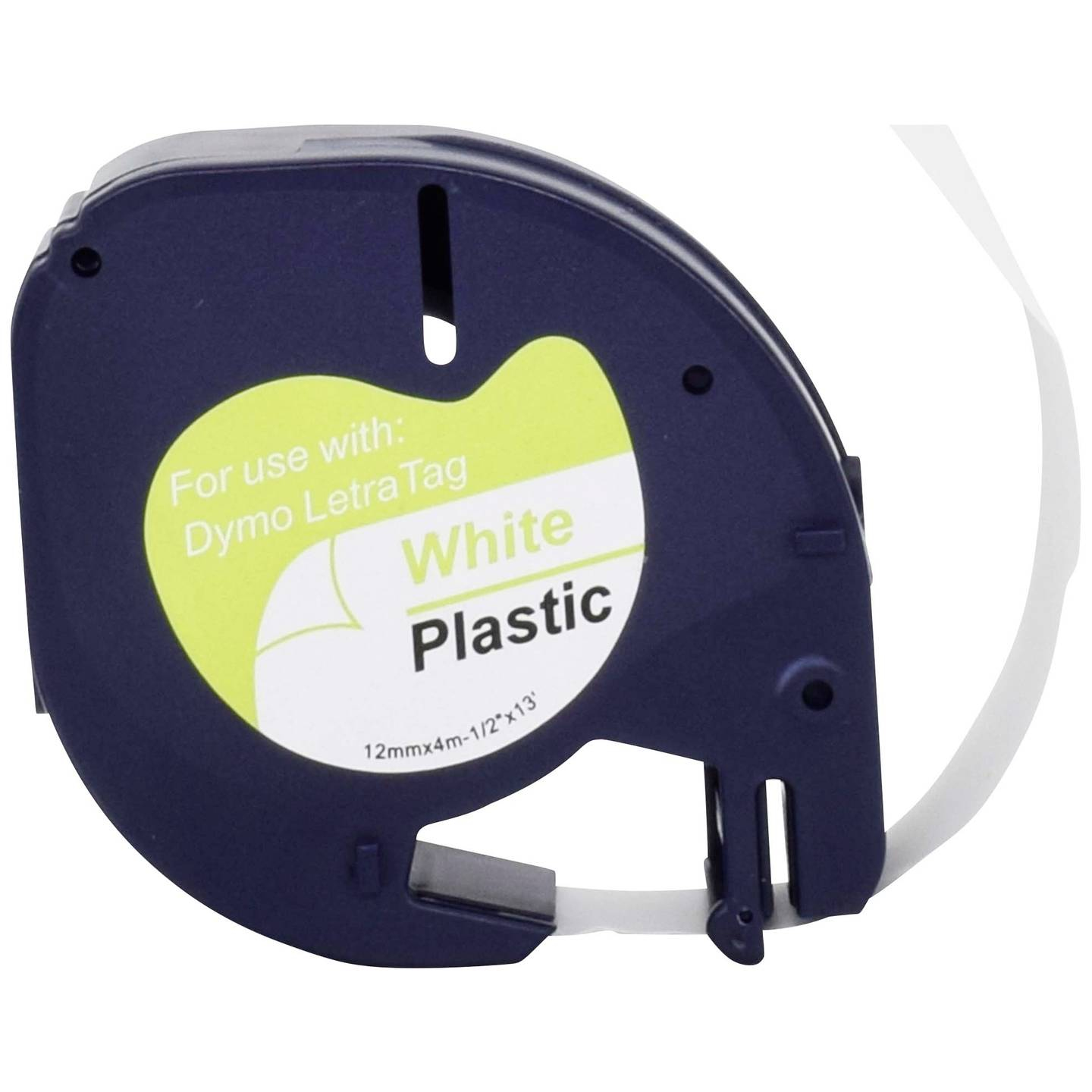Nastro per etichettatrice, blu scuro. Etichetta bianca con plastica bianca. Sfondo bianco.