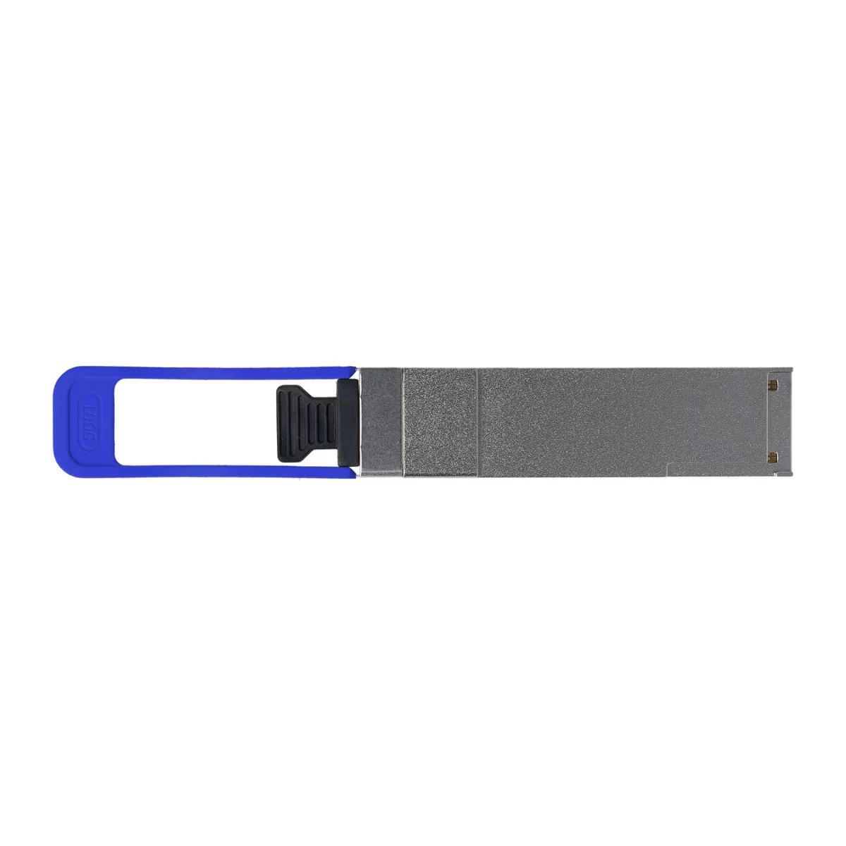 Silberner SFP-Transceiver mit blauem Griff, weißer Hintergrund, Draufsicht.