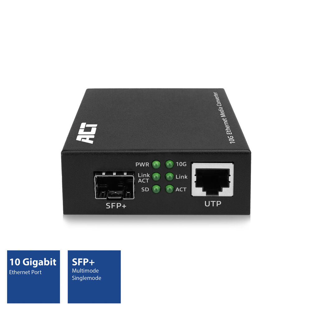 Dispositivo di rete nero con testo e porte. Marchio ACT. Sfondo bianco con testo 10 Gigabit e SFP+.
