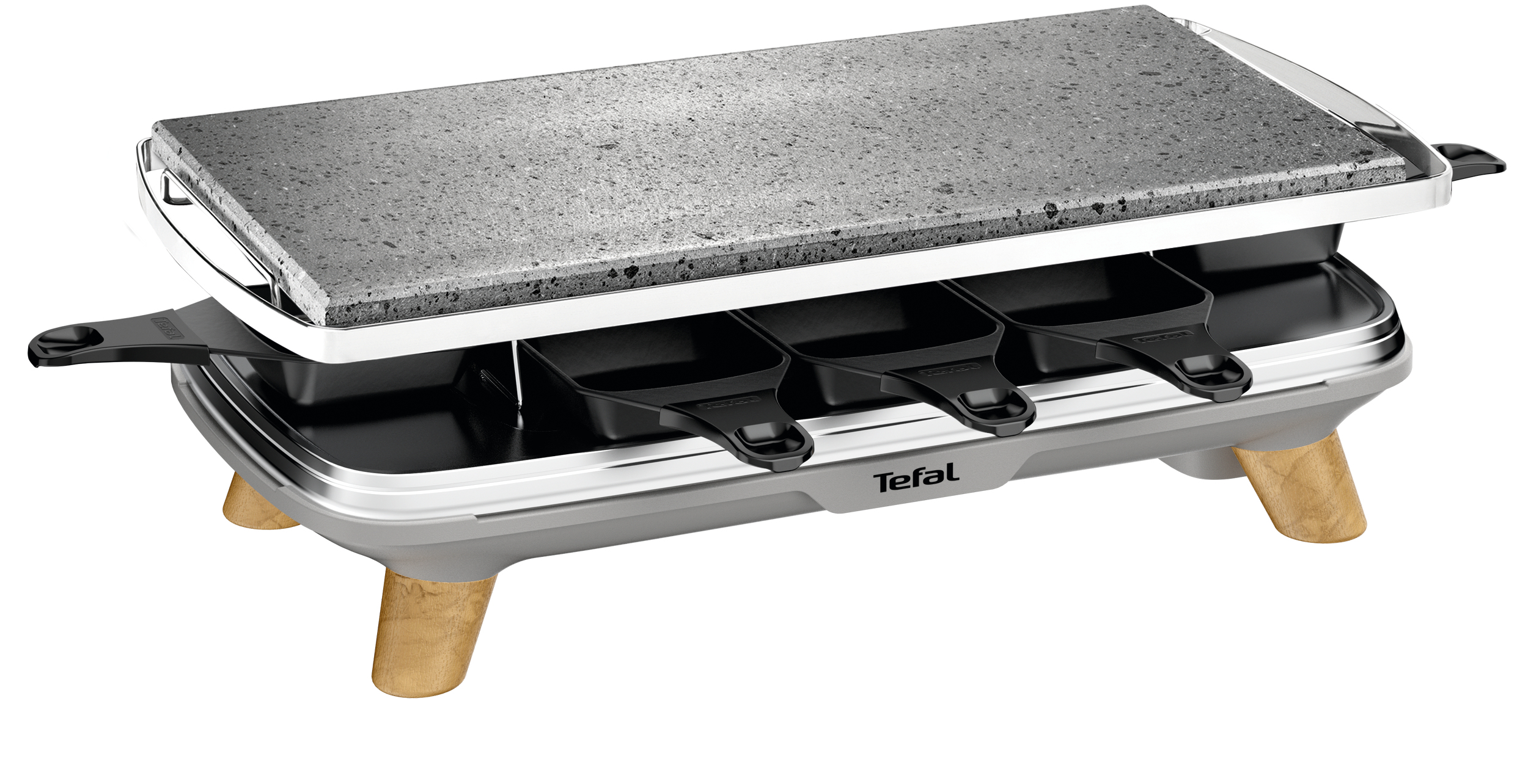 Raclette-Grill mit Stein-Kochfläche, grau und schwarz. Teffal-Marke vorne. Weißer Hintergrund.