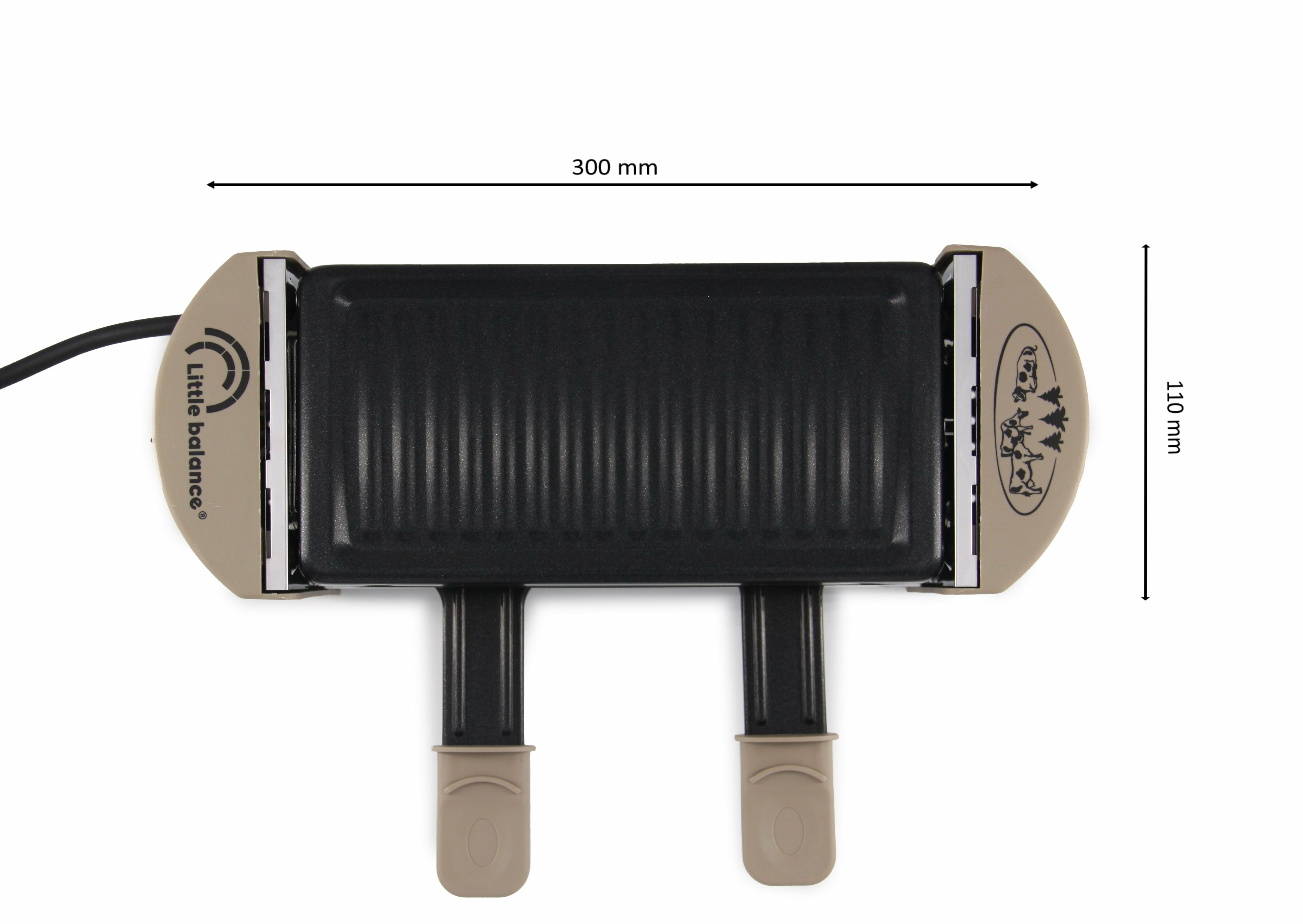 Grill raclette, widok z góry. Ma czarną powierzchnię do gotowania i dwa uchwyty. Szary i beżowy.