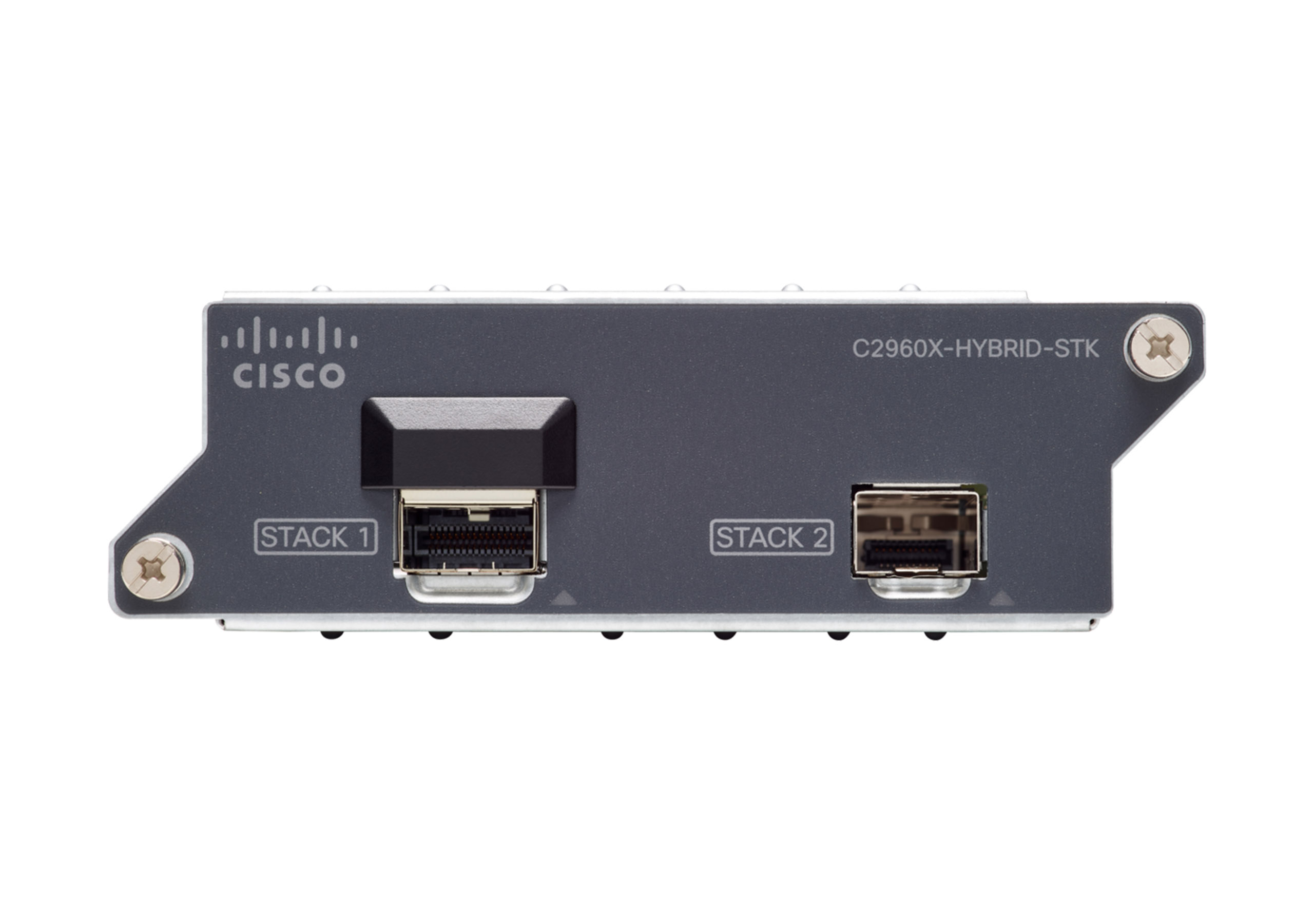 Dunkelgraues Cisco-Gerät, beschriftet C2960X-HYBRID-STK, mit Anschlüssen 'STACK 1' und 'STACK 2'.