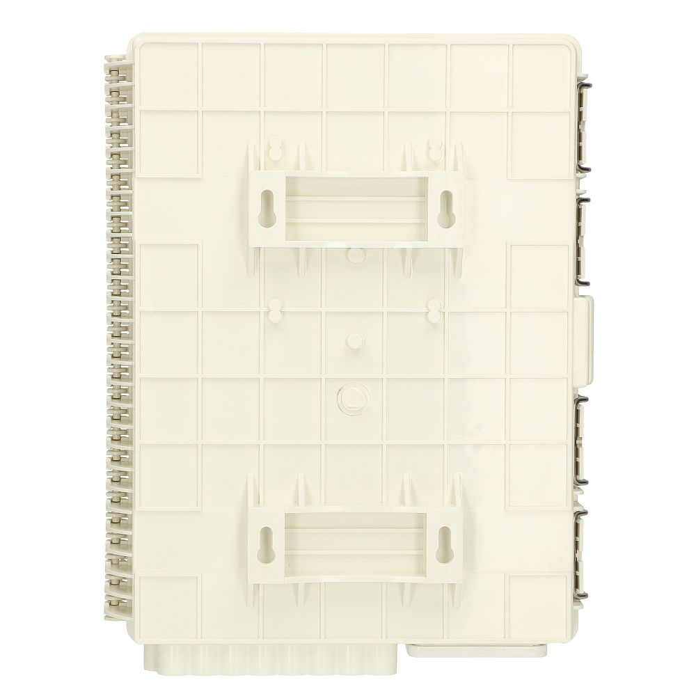 Beżowe prostokątne pudełko z wzorem siatki, wsporniki montażowe. Widoczna jest tylna strona pudełka.