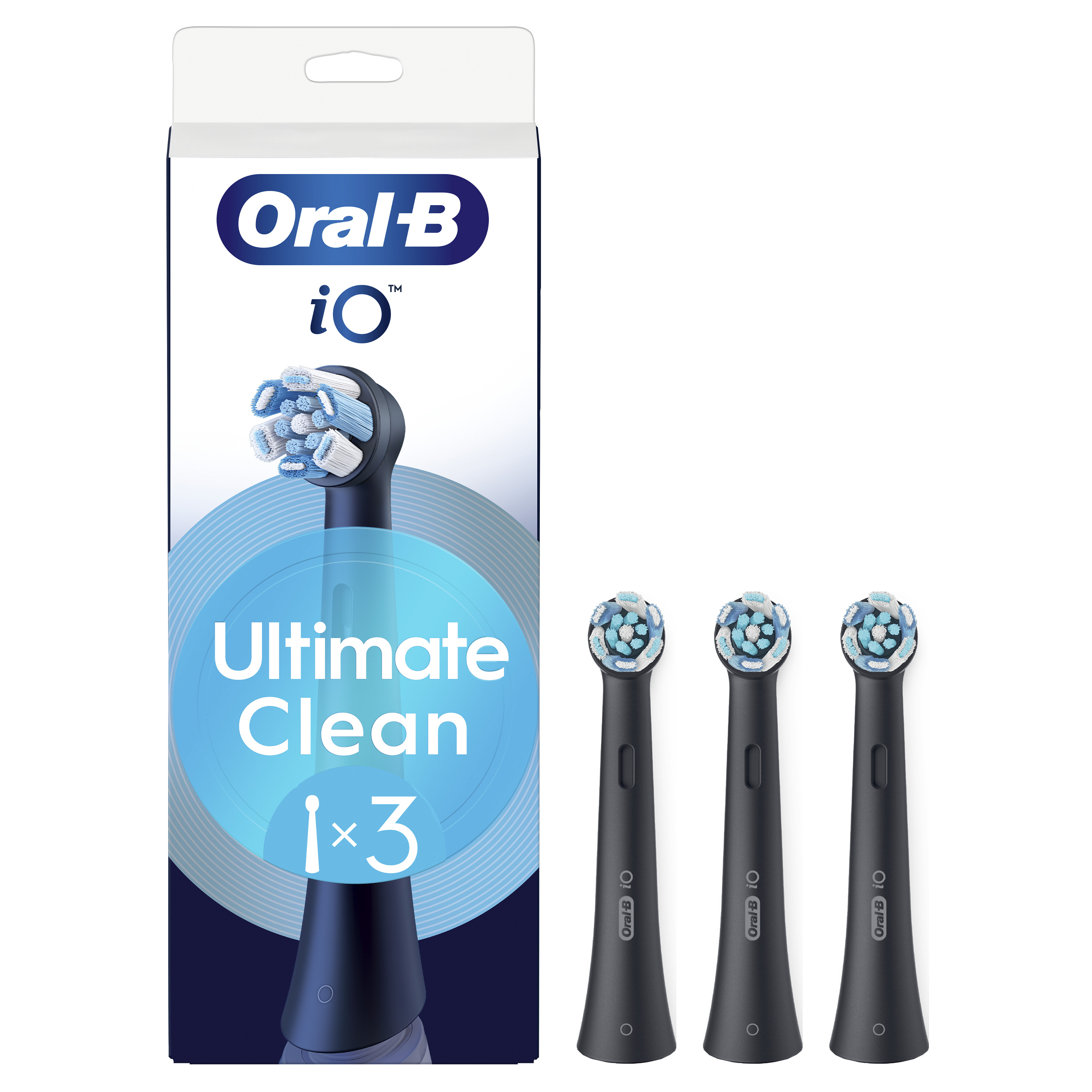 Pudełko główek szczoteczki do zębów Oral-B iO Ultimate Clean z trzema czarnymi główkami. Pudełko ma niebieskie koło.