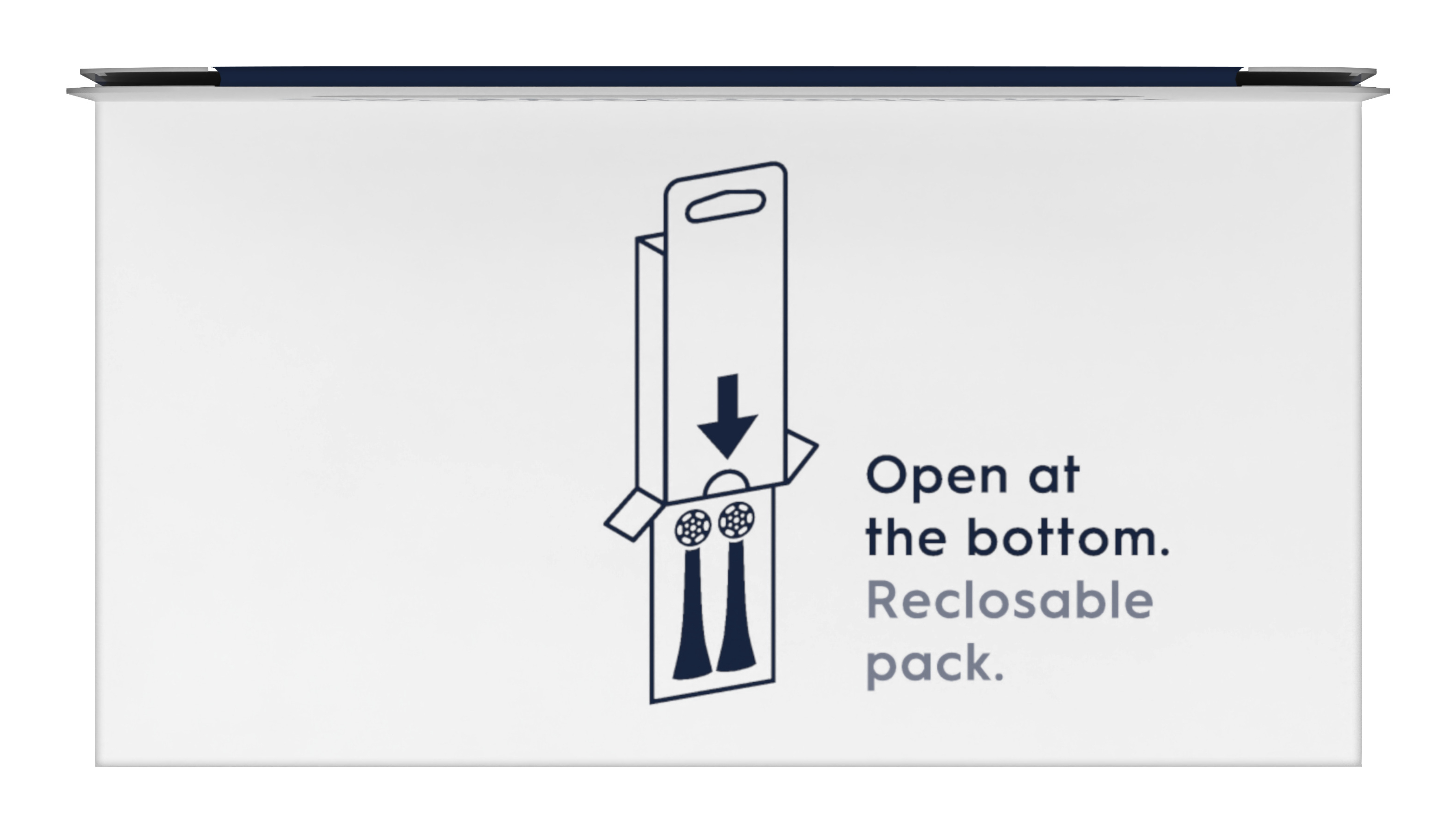 Białe pudełko z tekstem: Otwórz od dołu. Opakowanie z możliwością ponownego zamknięcia. Czarna strzałka.