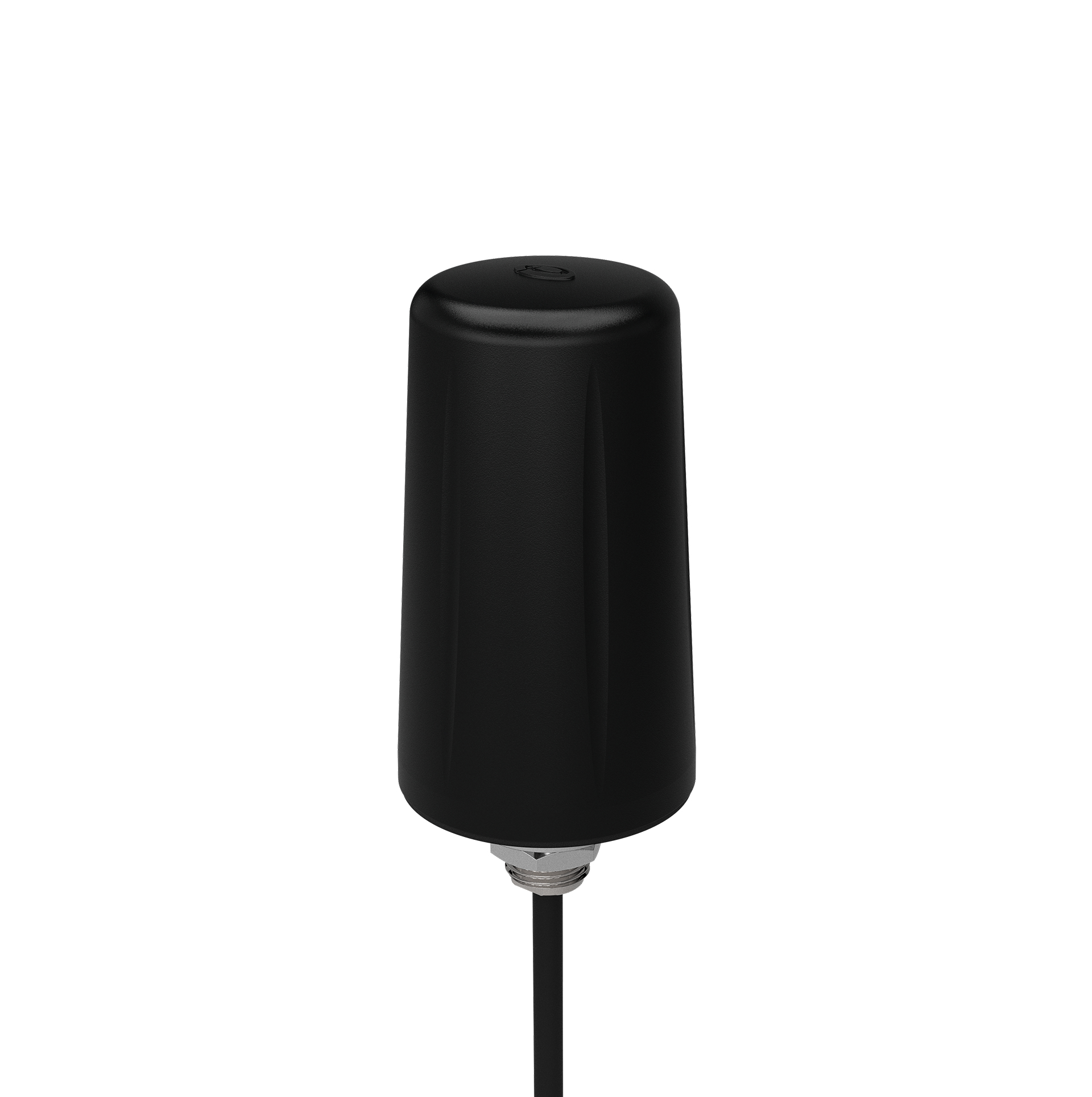Czarna, cylindryczna antena na białym tle. Posiada srebrną podstawę i czarny kabel.