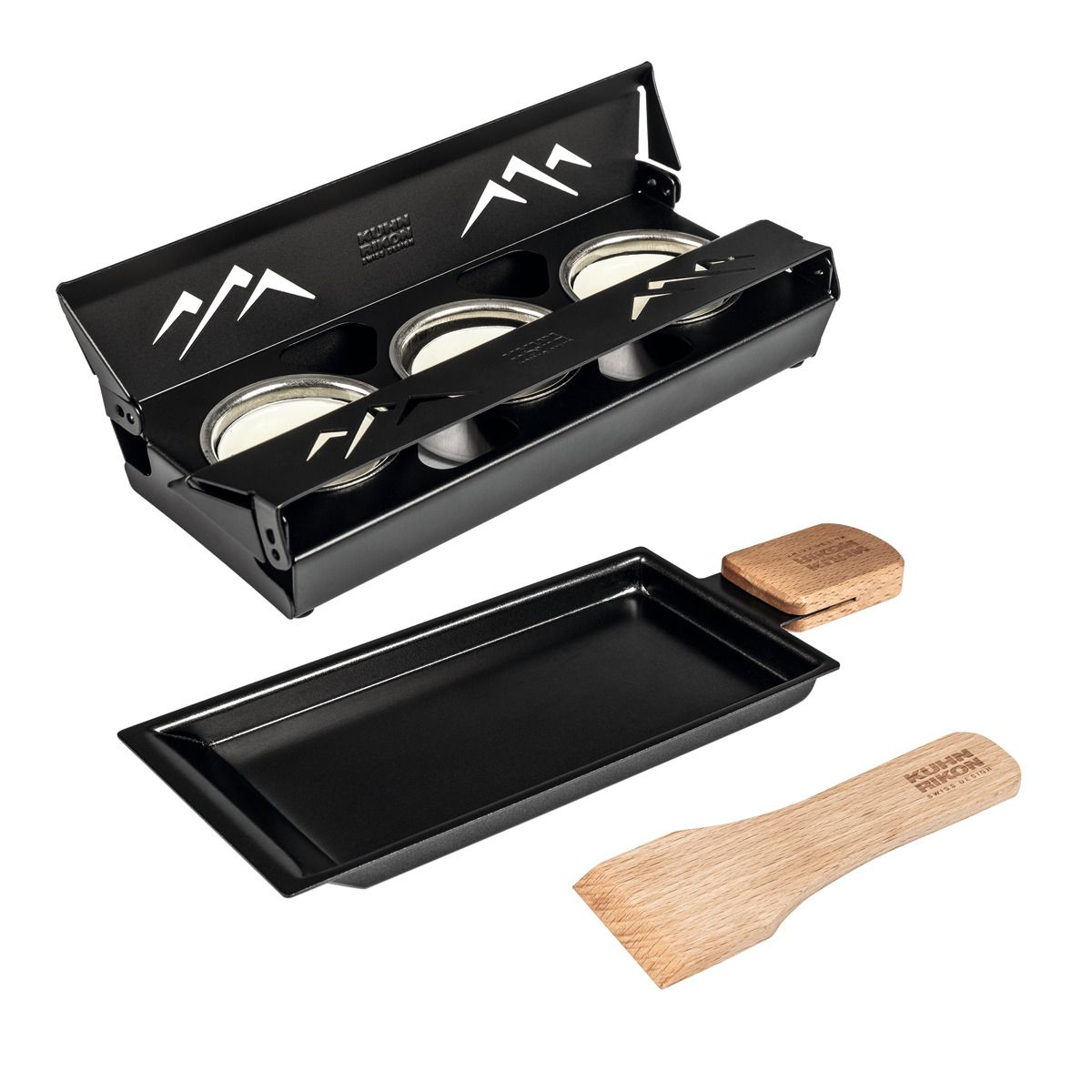 Schwarzes Fondue-Set mit drei Töpfen, einer Grillplatte und einem Spatel. Einfaches Design.