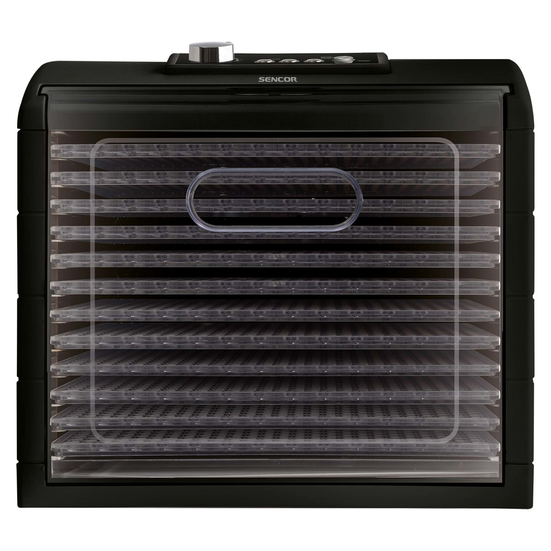 Deshidratador de alimentos negro con múltiples bandejas transparentes adentro, controles arriba y asa al frente.