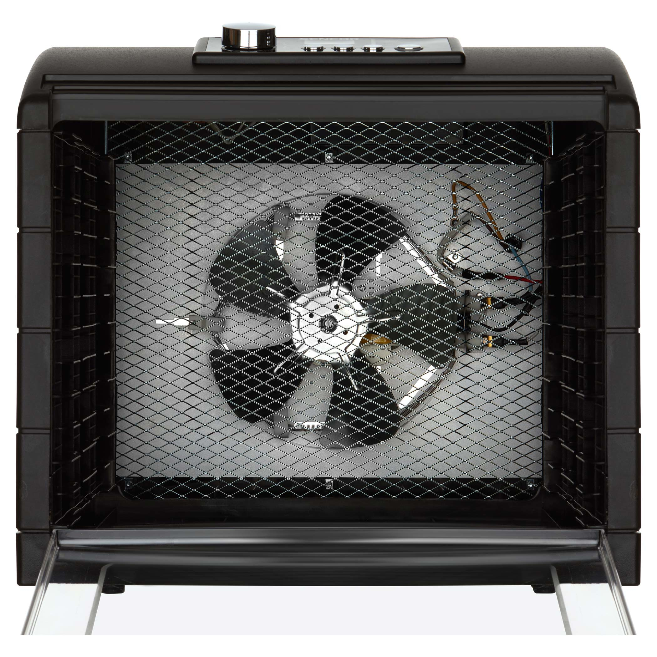 Dentro de un deshidratador de alimentos Sencor negro, mostrando el ventilador y la rejilla de ventilación.