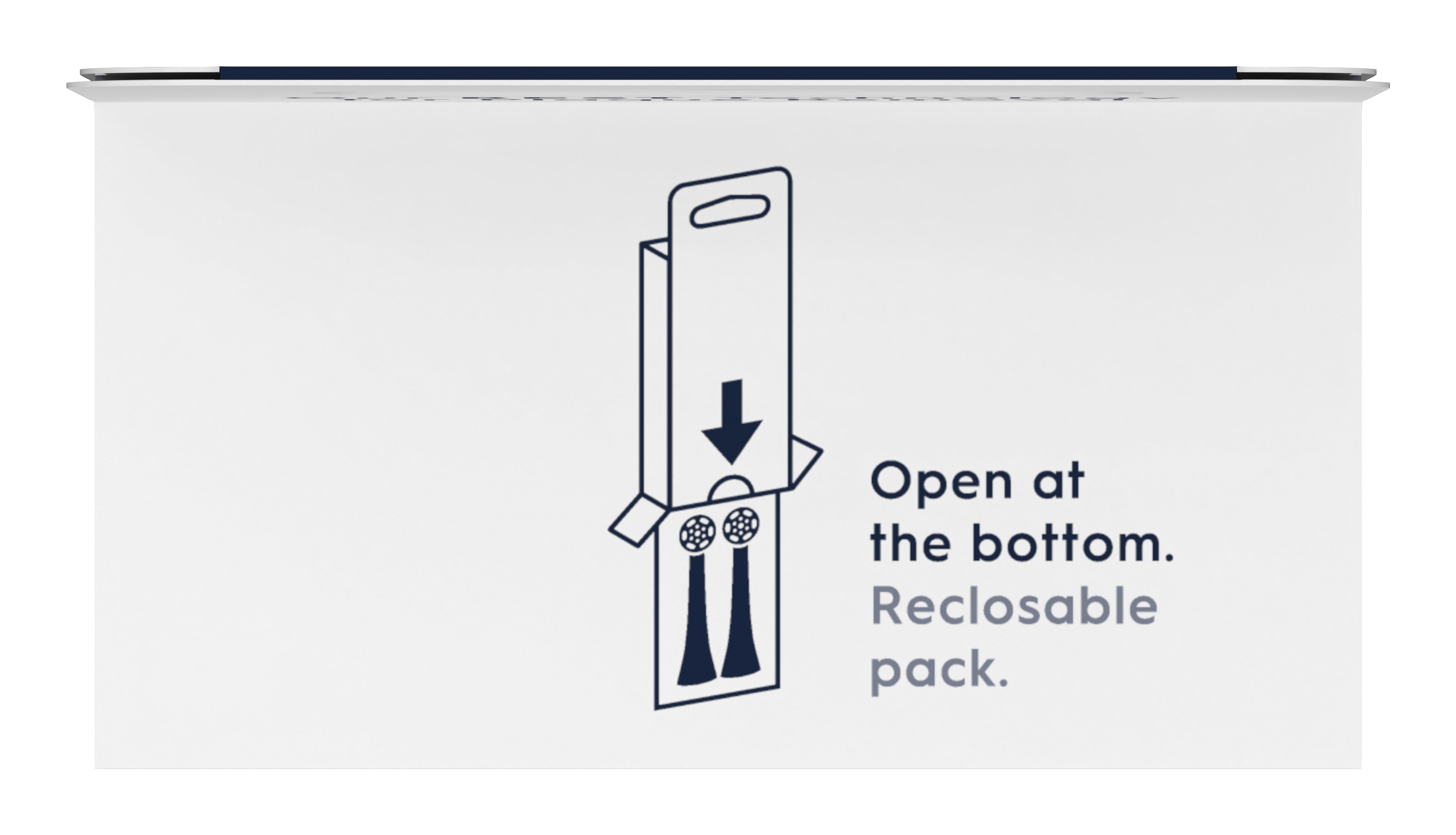 Białe pudełko z dwiema główkami szczoteczki do zębów w środku i instrukcjami: 'Otwórz od dołu. Opakowanie zamykane'.