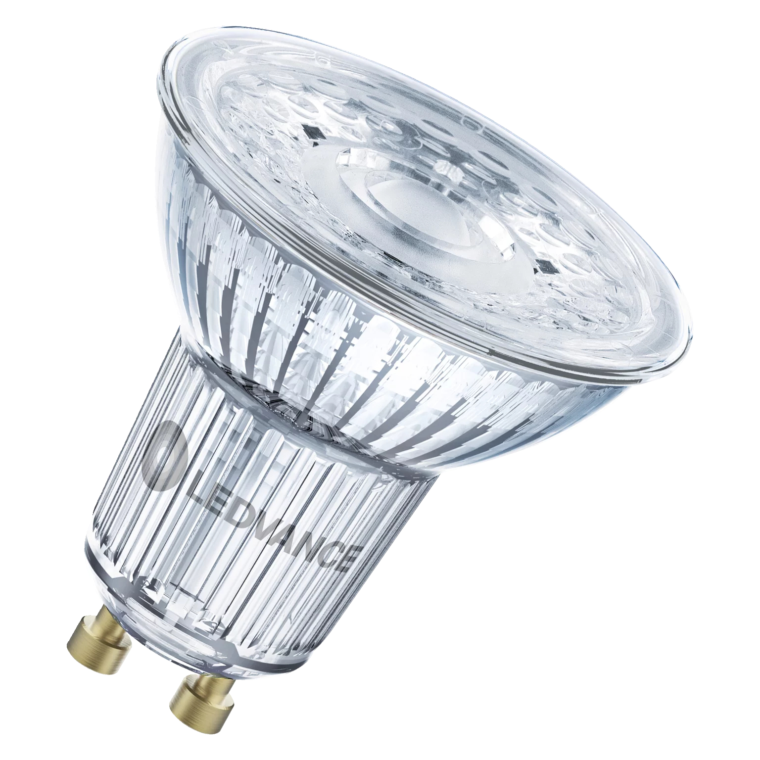 Lampada LED, vetro e metallo, vista angolata, luce chiara, con sfondo bianco.