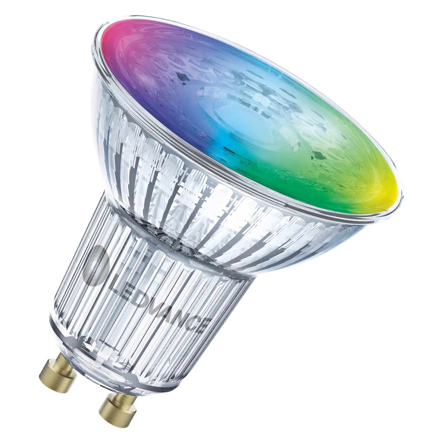 Una lampadina LEDVANCE con luce che cambia colore, su sfondo bianco.