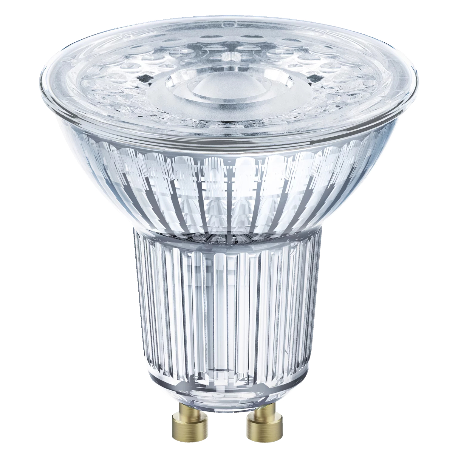 Lampadina LEDVANCE in vetro trasparente con luce chiara sopra. Perni dorati visibili.