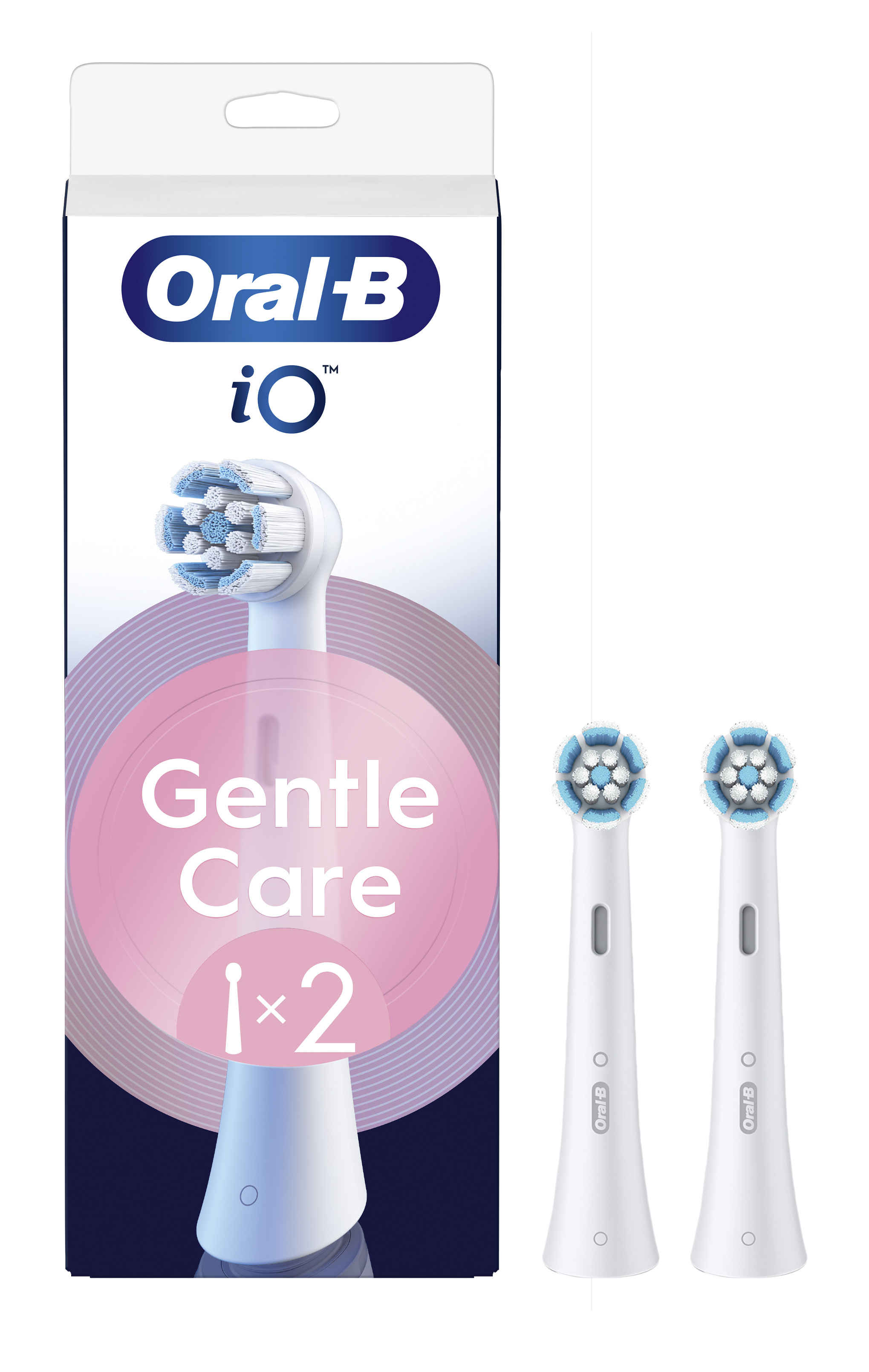 Główki szczoteczki do zębów Oral-B iO w pudełku. Dwie zapasowe główki znajdują się obok pudełka.