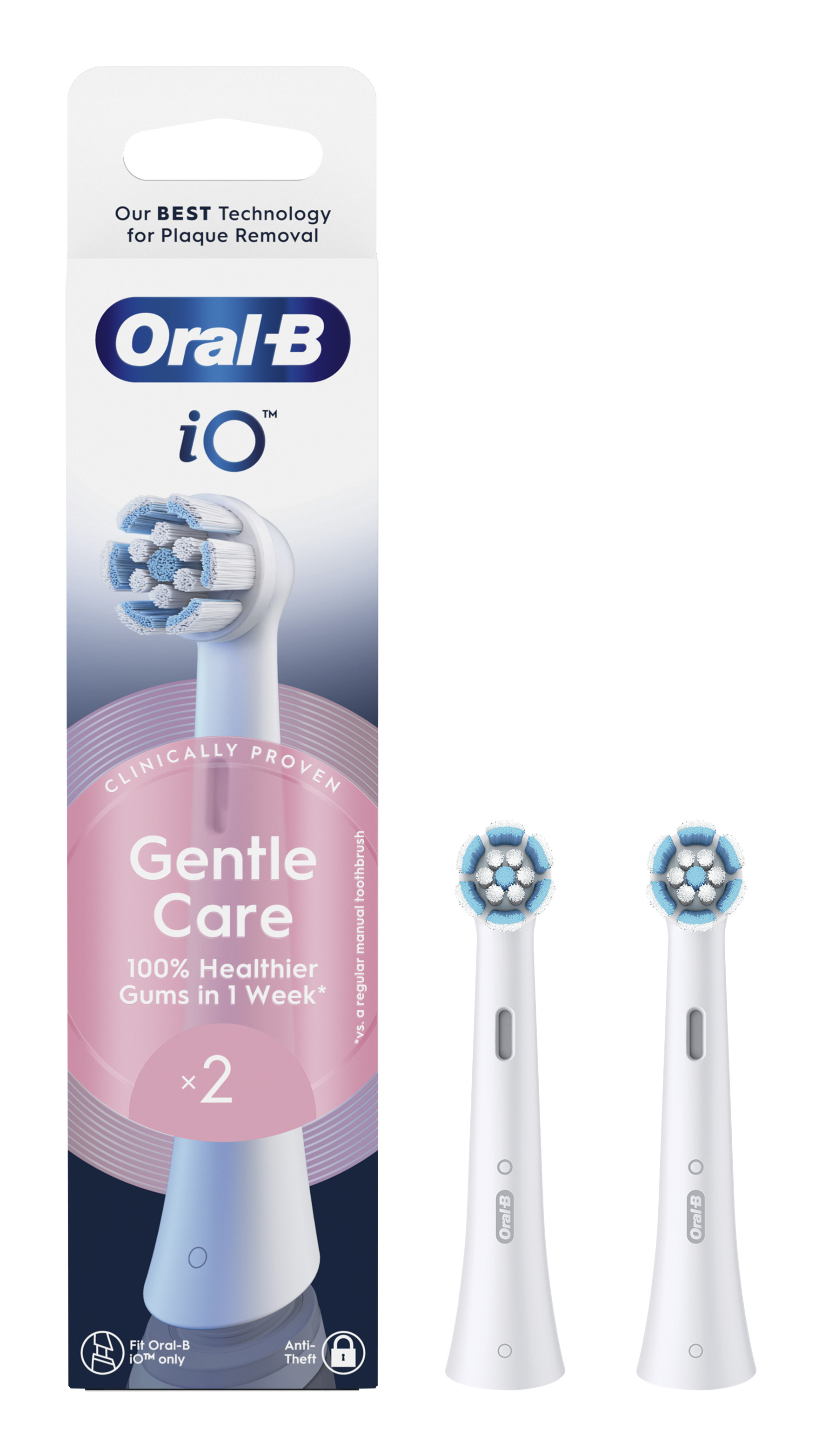 Główki szczoteczki do zębów Oral-B iO, białe z niebieskim i białym włosiem. Opakowanie po lewej.