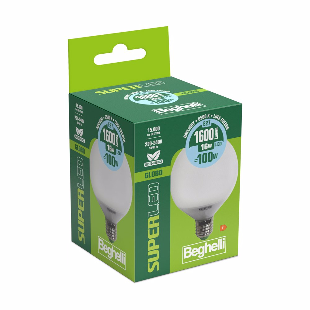 Pudełko żarówki SuperLED. Pokazuje żarówkę, jej specyfikacje i markę Beghelli.