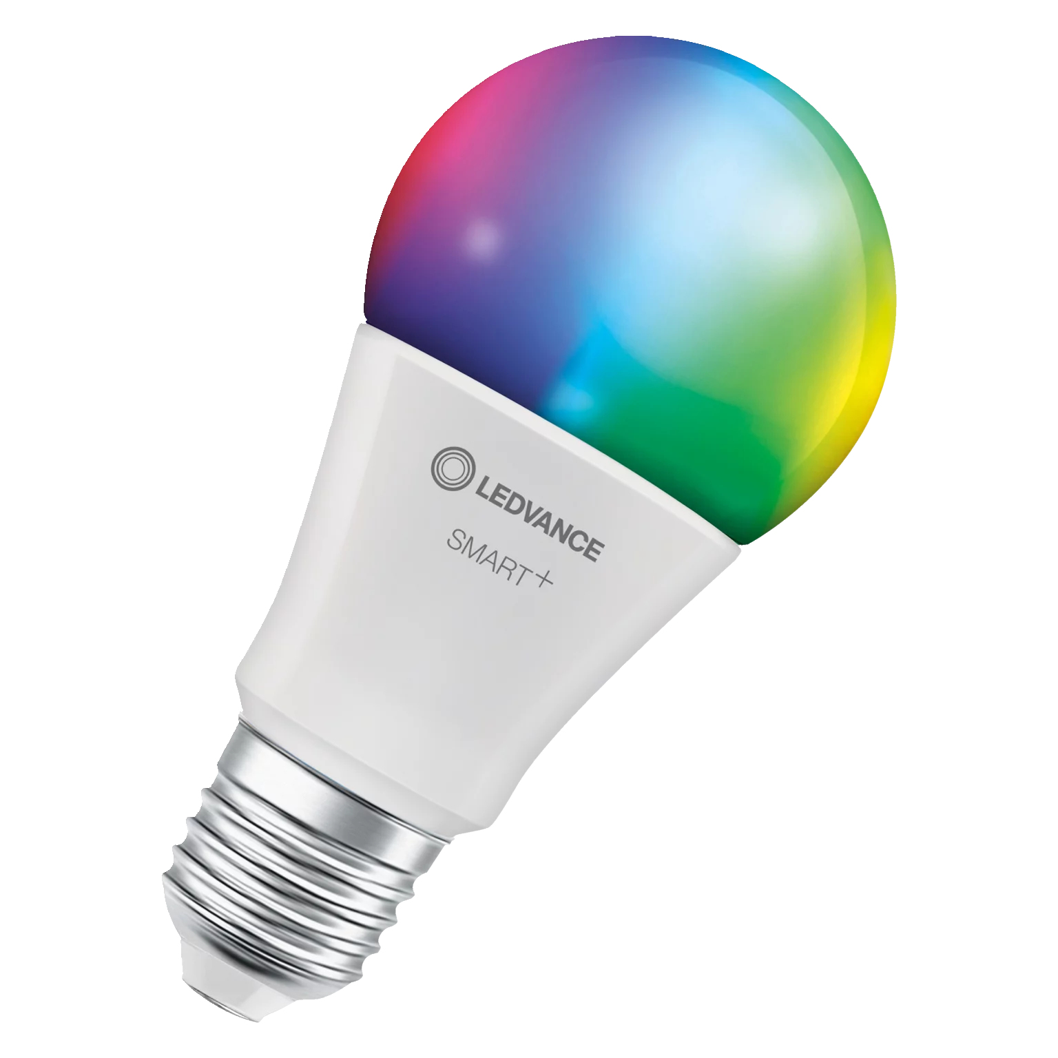 Lampadina LEDVANCE SMART+. Ha una base bianca e una parte superiore luminosa e colorata.