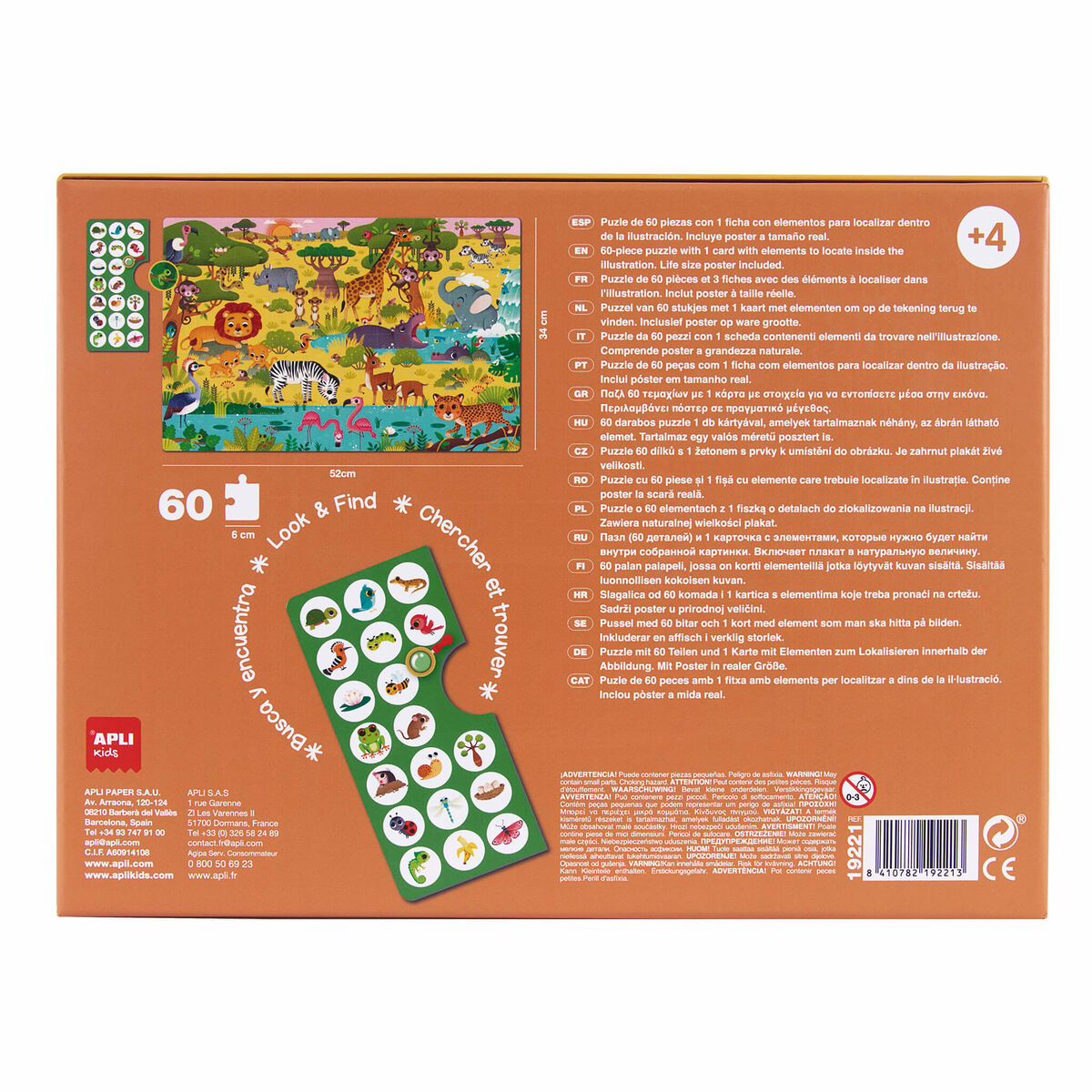 Retro della scatola del puzzle. Istruzioni e immagini degli animali nel puzzle con i pezzi.