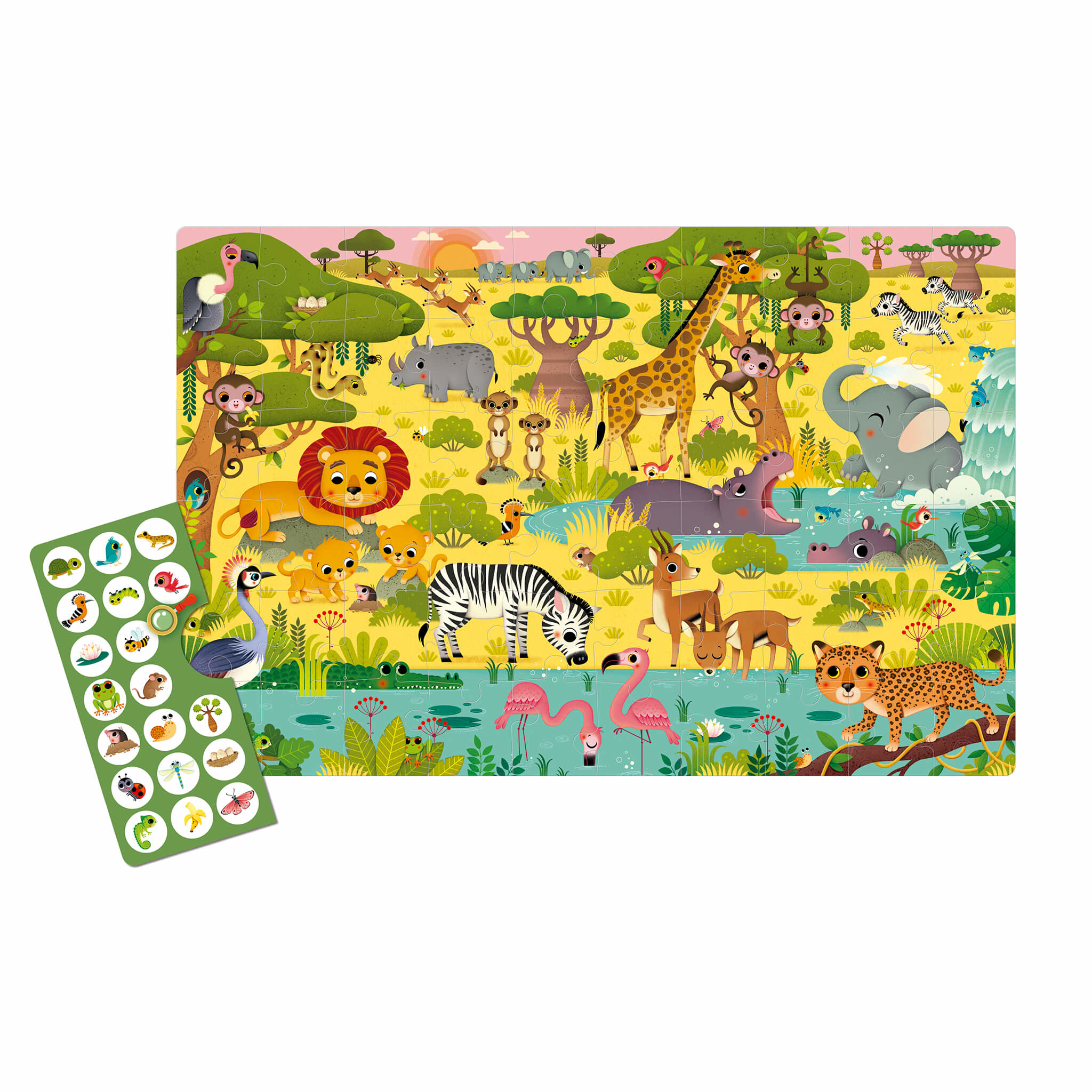 Puzzle di animali della giungla completato, con un set di carte abbinate a sinistra.