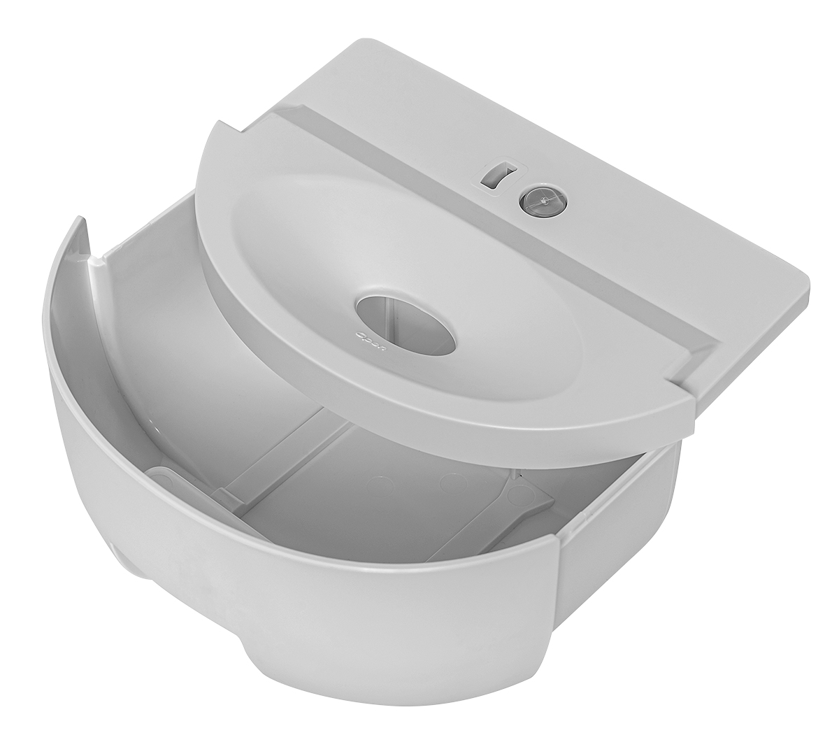 Weiße Plastiktonne, offen. Ovale Form mit halbkreisförmigem Deckel. Abgerundete Kanten.