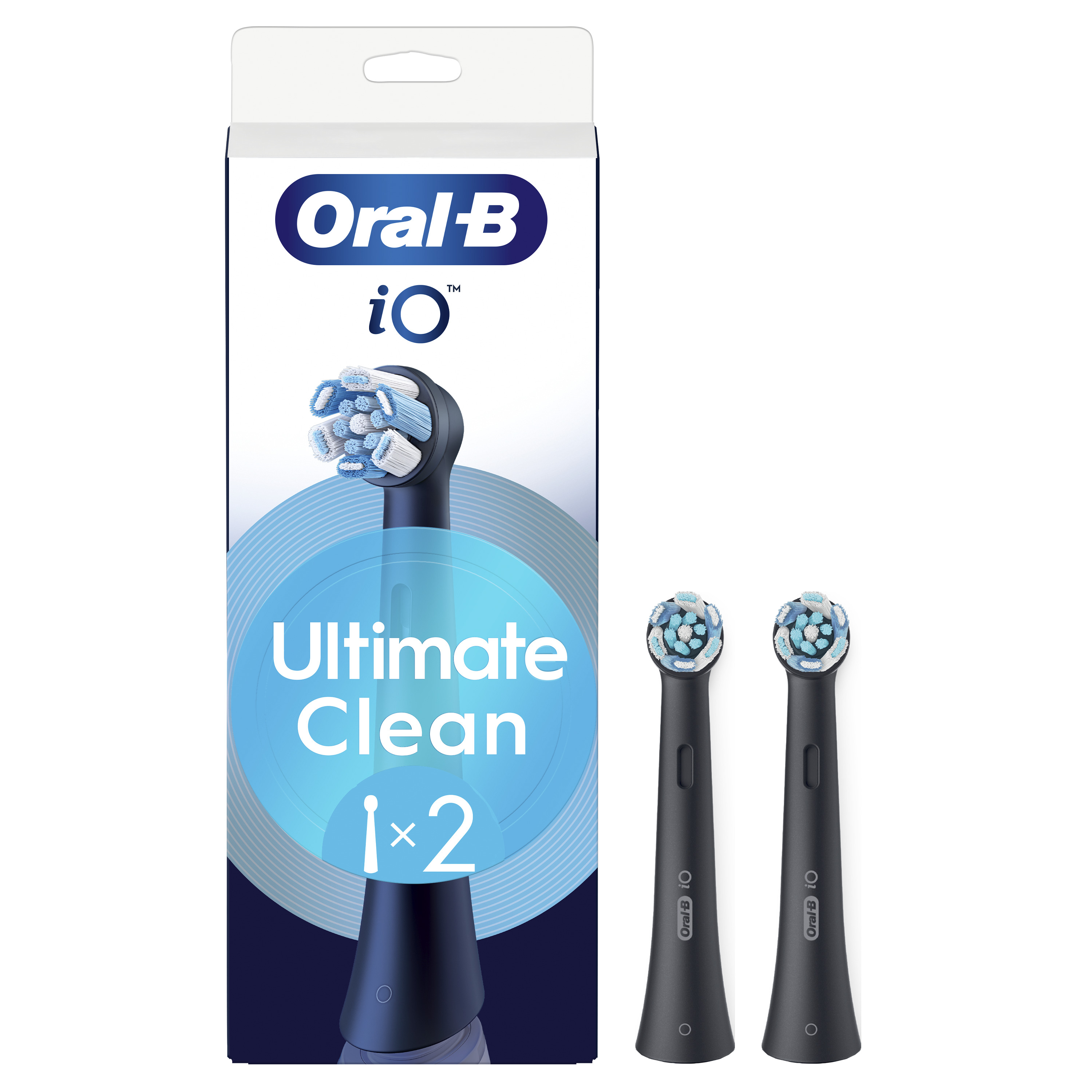 Pudełko i dwie czarne końcówki do szczoteczki. Marka to Oral-B iO Ultimate Clean.