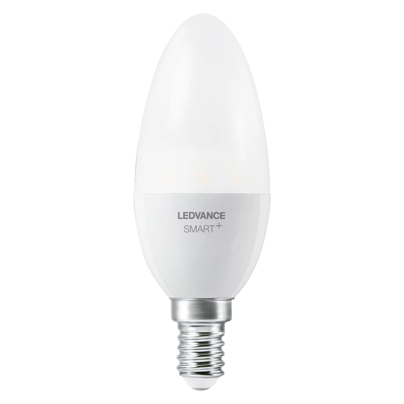 Biała żarówka LED smart z srebrną podstawą na białym tle.